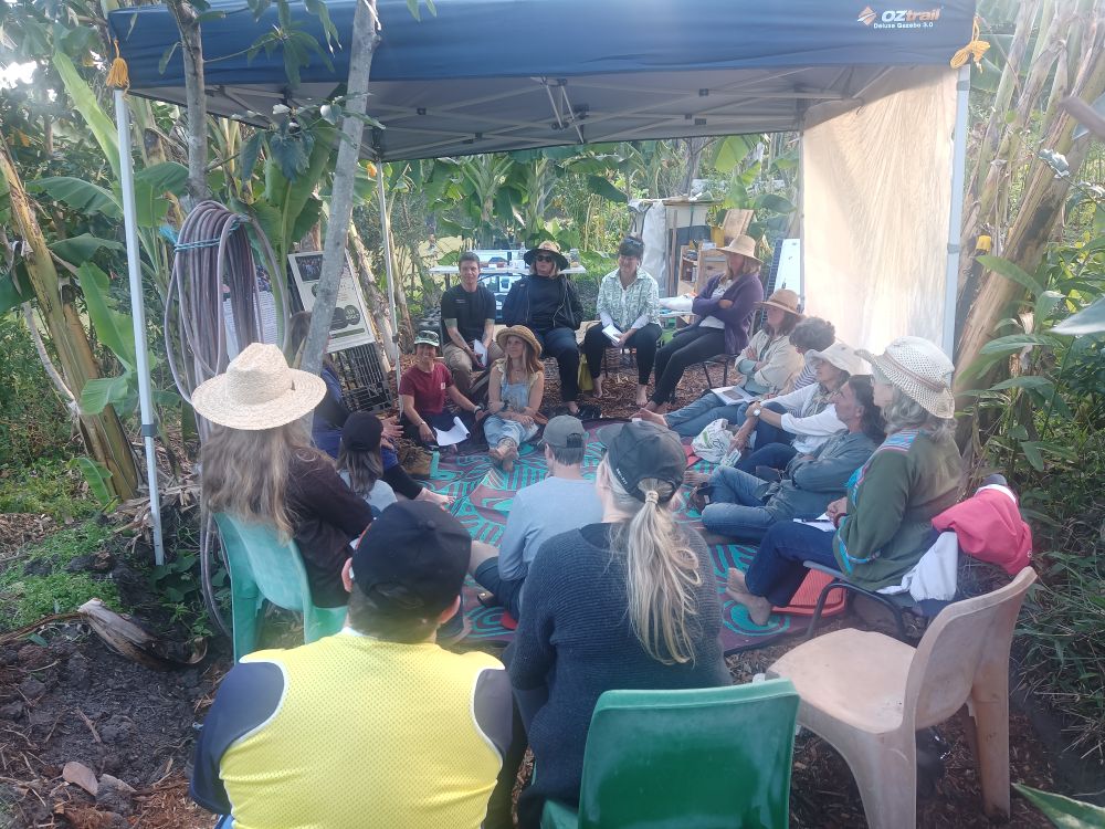 Community gathering activities relocated to the banana-circle garden, 2 August 2024.