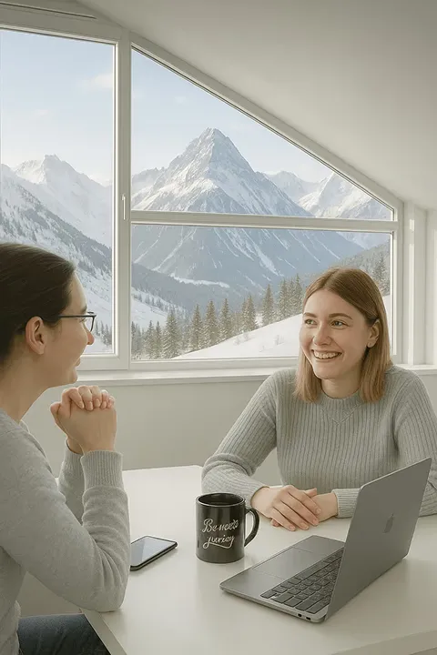 Two people chatting at a table with snowy mountains visible through the window