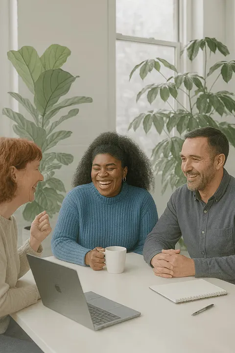 Three people sitting at a table, talking and laughing in a bright room with plants.