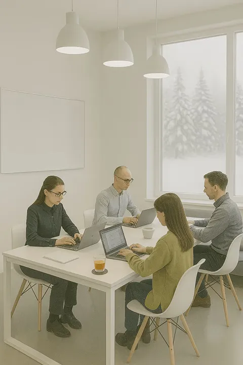 Four people working on laptops around a table in a bright room with snowy trees outside the window