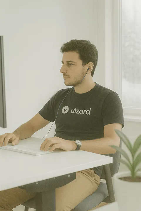 Person working at a desk while wearing earphones, focused on a computer screen.