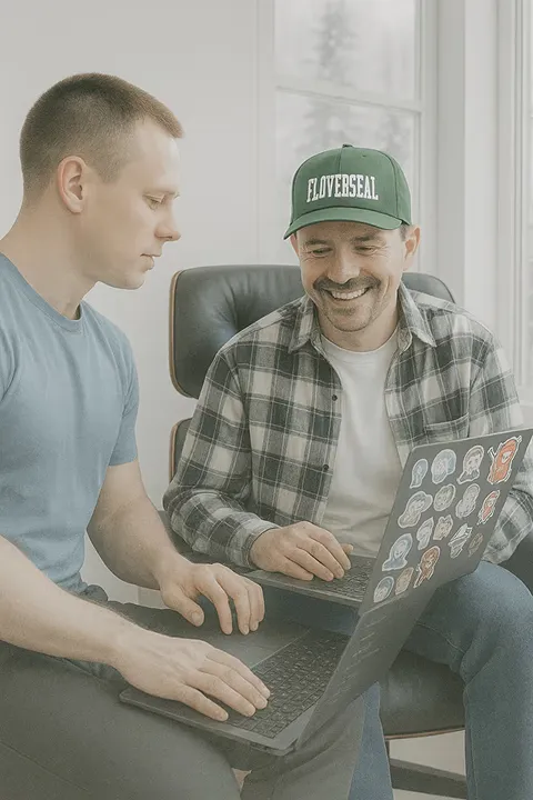 Two people sitting together and working on laptops, smiling while discussing something on the screen