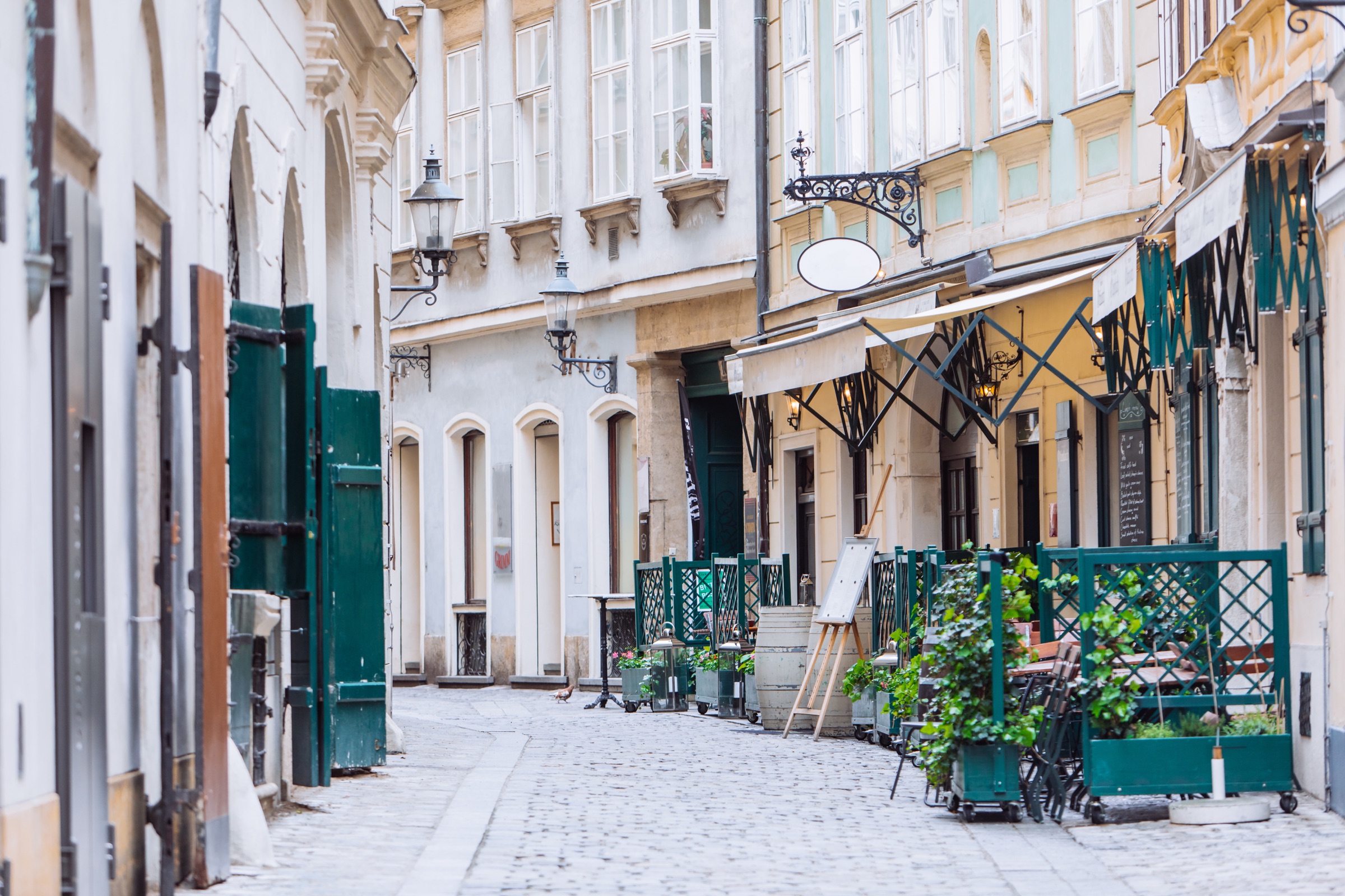 A quiet European street in the early morning