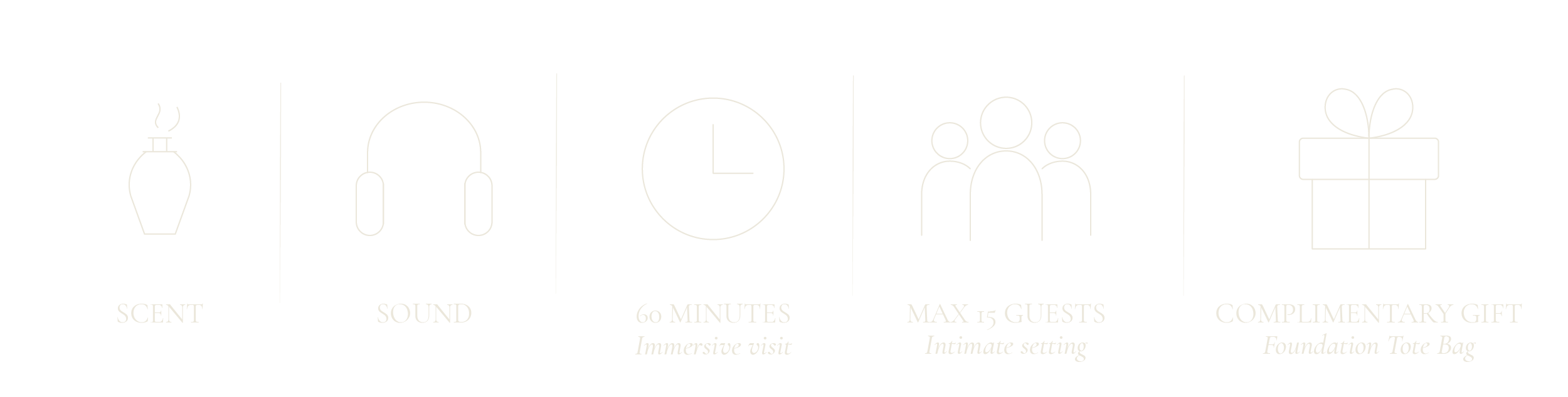 Visitor experience: scent, sound, 60-minute immersive visit, maximum 15 guests, and complimentary Foundation tote bag.