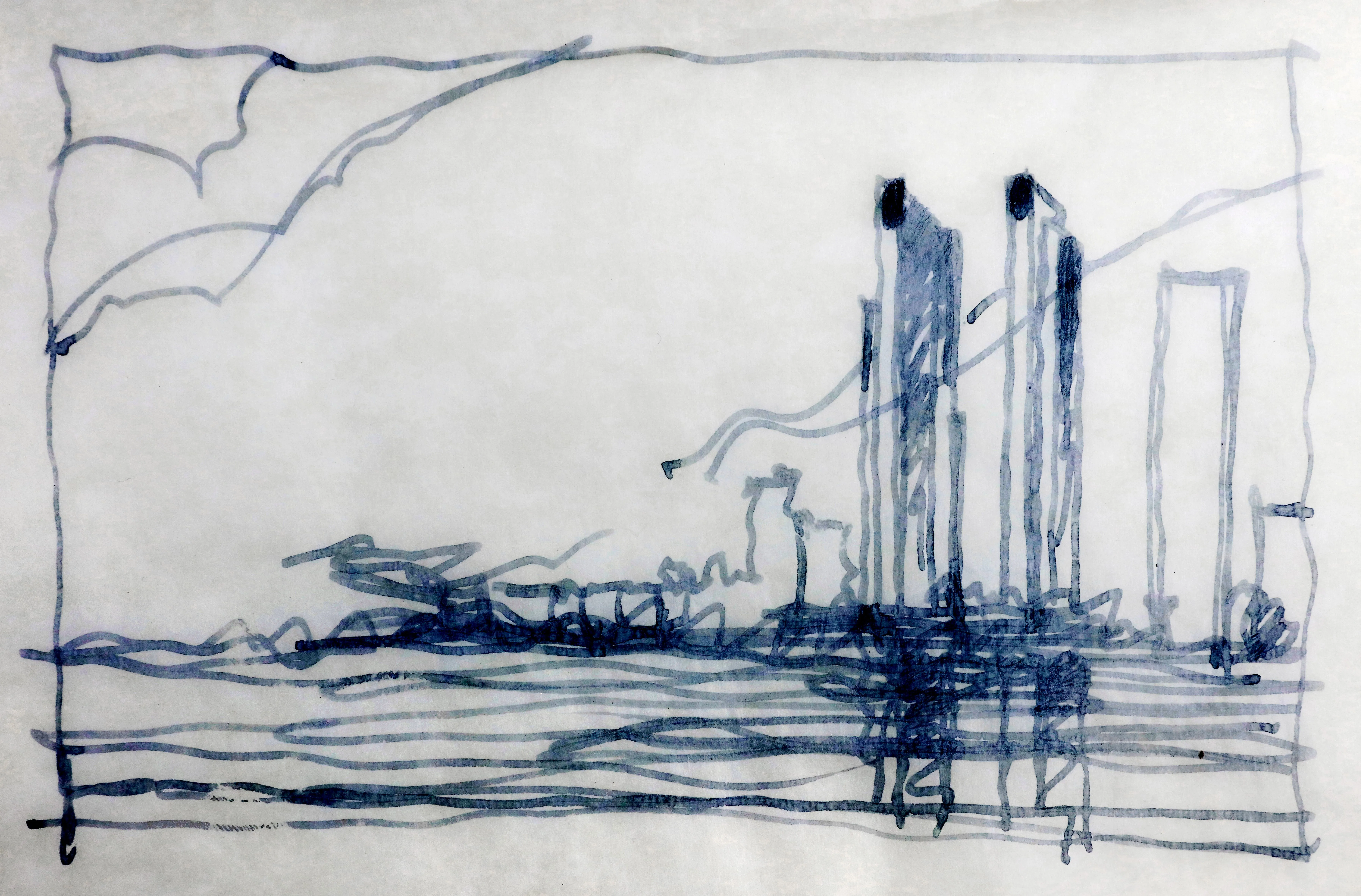 Hand-drawn blue ink sketch of Hessah Al Mubarak in Kuwait City, loose freehand lines outlining twin towers rising above a low-rise podium and waterfront
