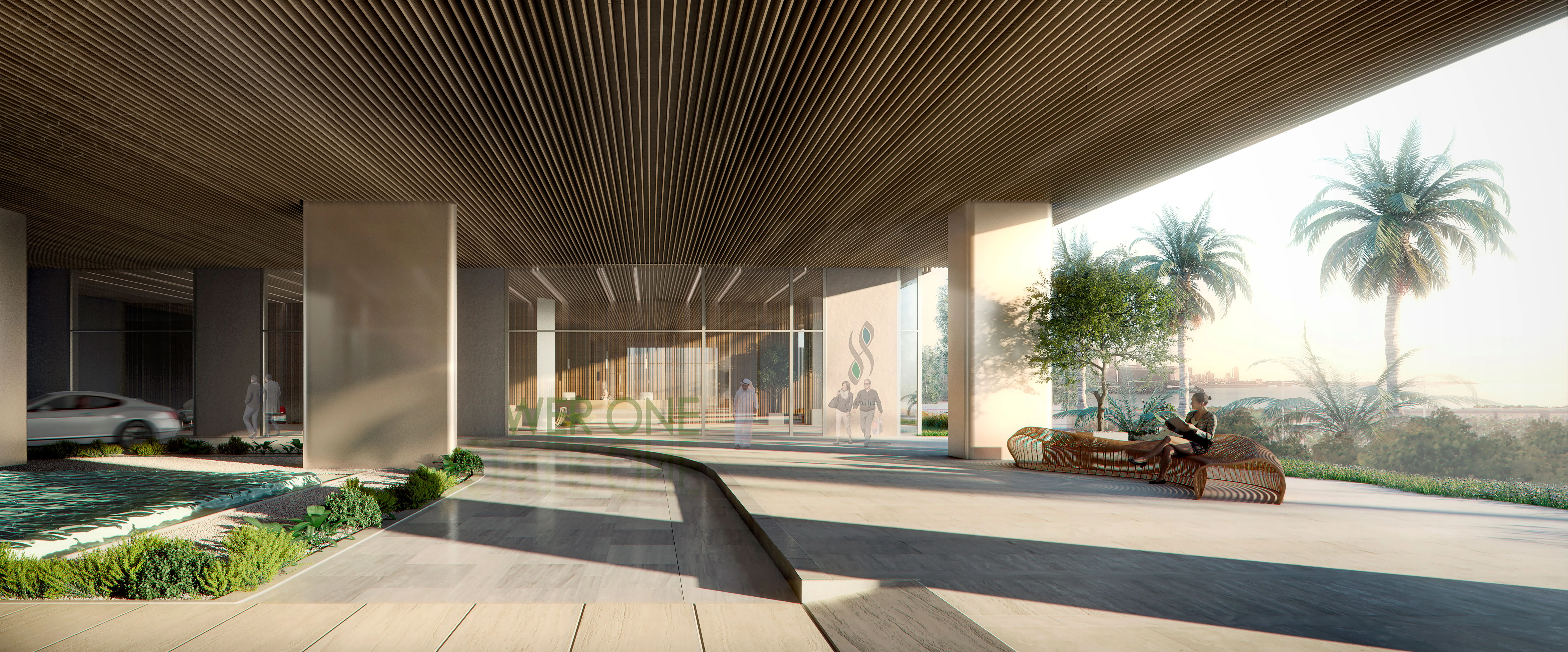 Covered entrance drive of Hessah Al Mubarak in Kuwait City, slatted timber canopy over a lobby with palm trees and lounge seating