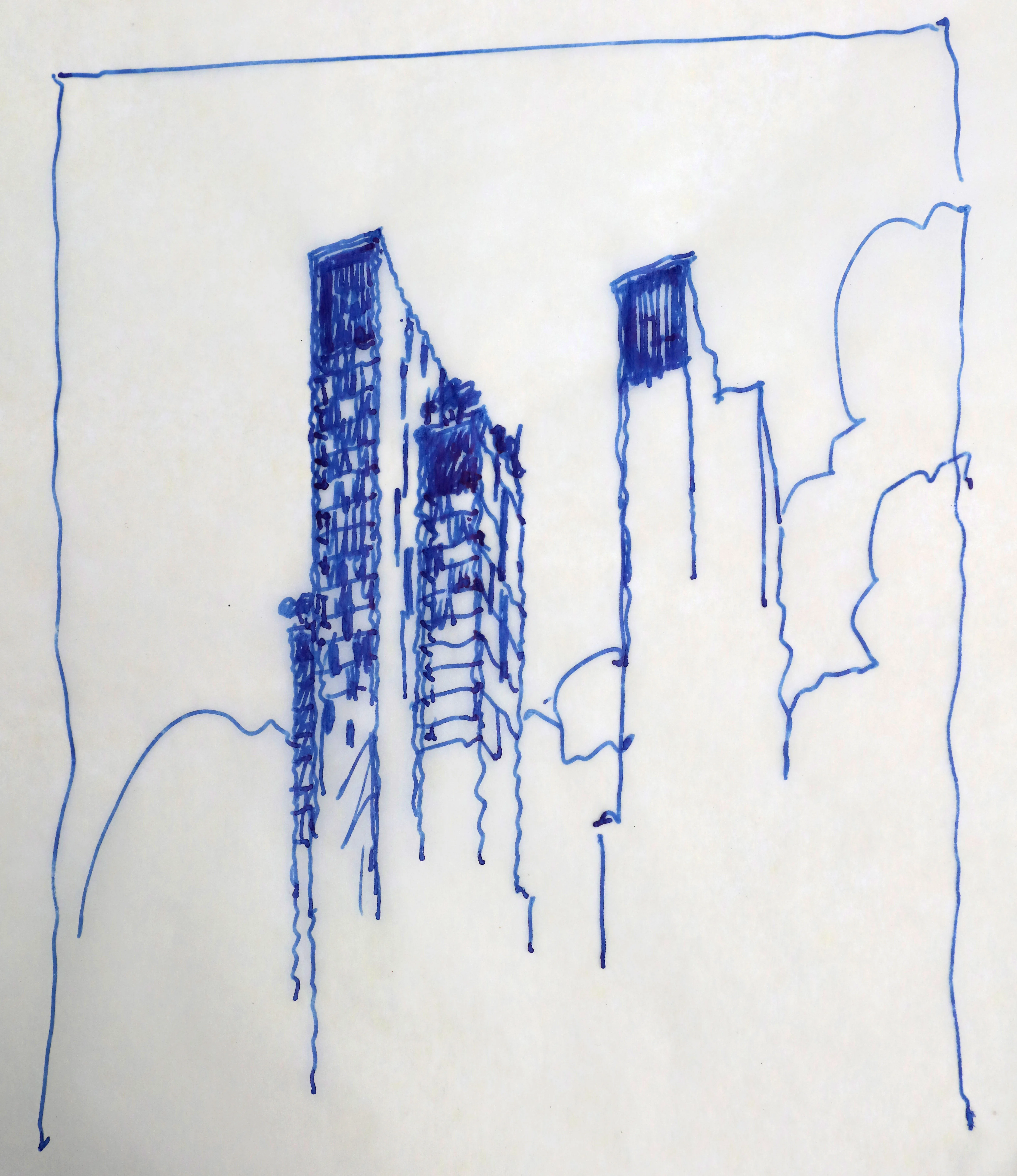 Early concept sketch for Hessah Al Mubarak in Kuwait City, blue pen drawing of two slender towers with textured facades against a loose skyline outline