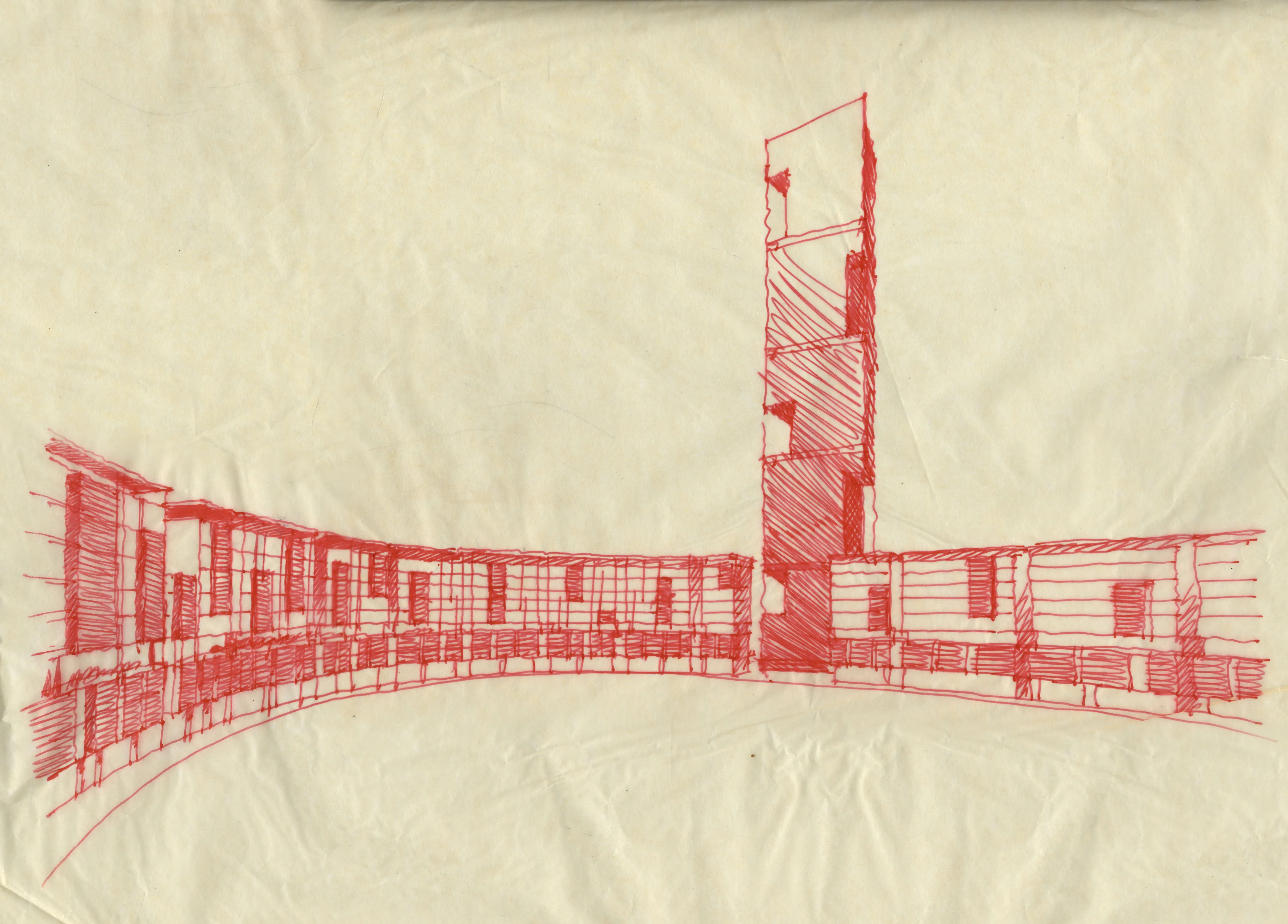 Red pen concept sketch for Doha Oasis in Doha, elevation showing a curved low-rise colonnade meeting a slender stacked tower