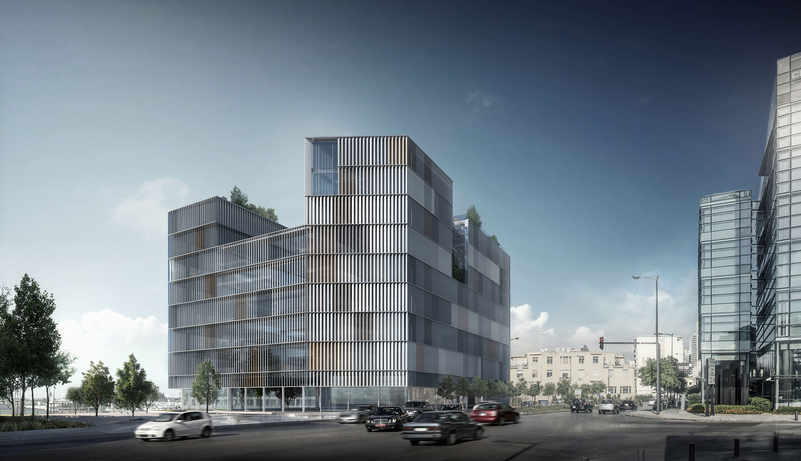 Marfaa 1506 in Beirut, a stepped office building with vertical louvered fins in varied tones, set at a street corner near the port