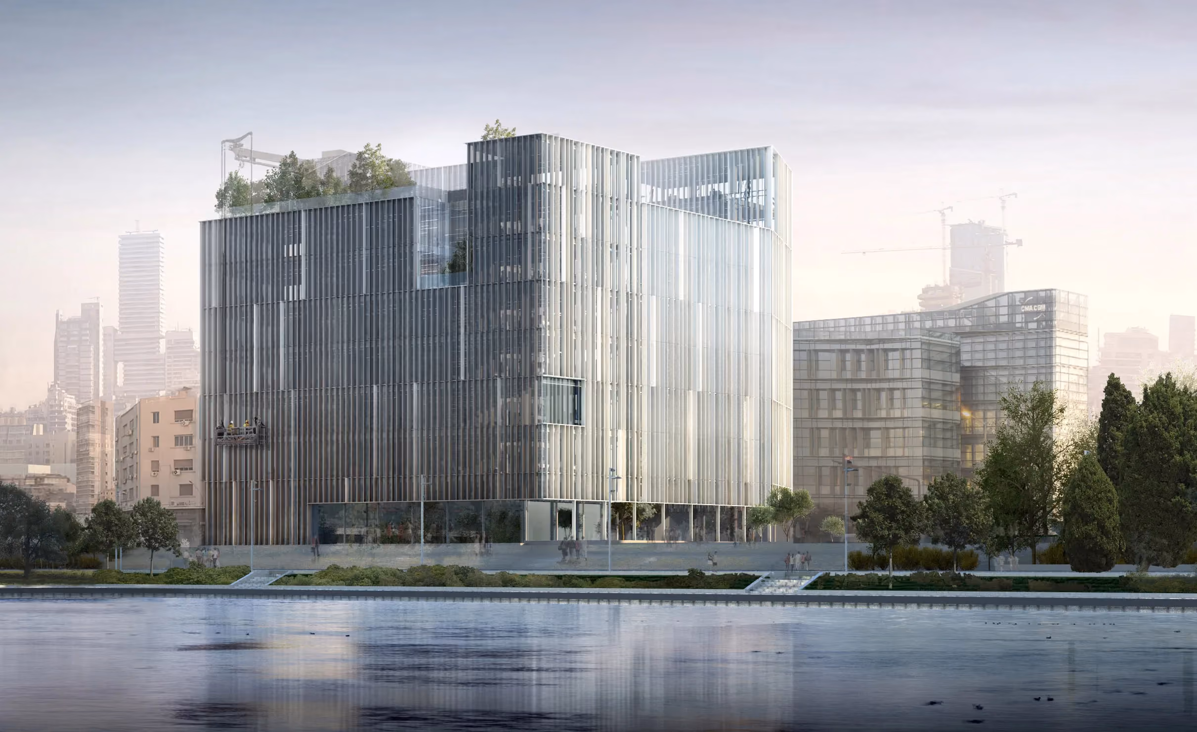 Marfaa 1506 in Beirut, vertically fluted glass office tower with rooftop greenery, seen across the water amid the city skyline