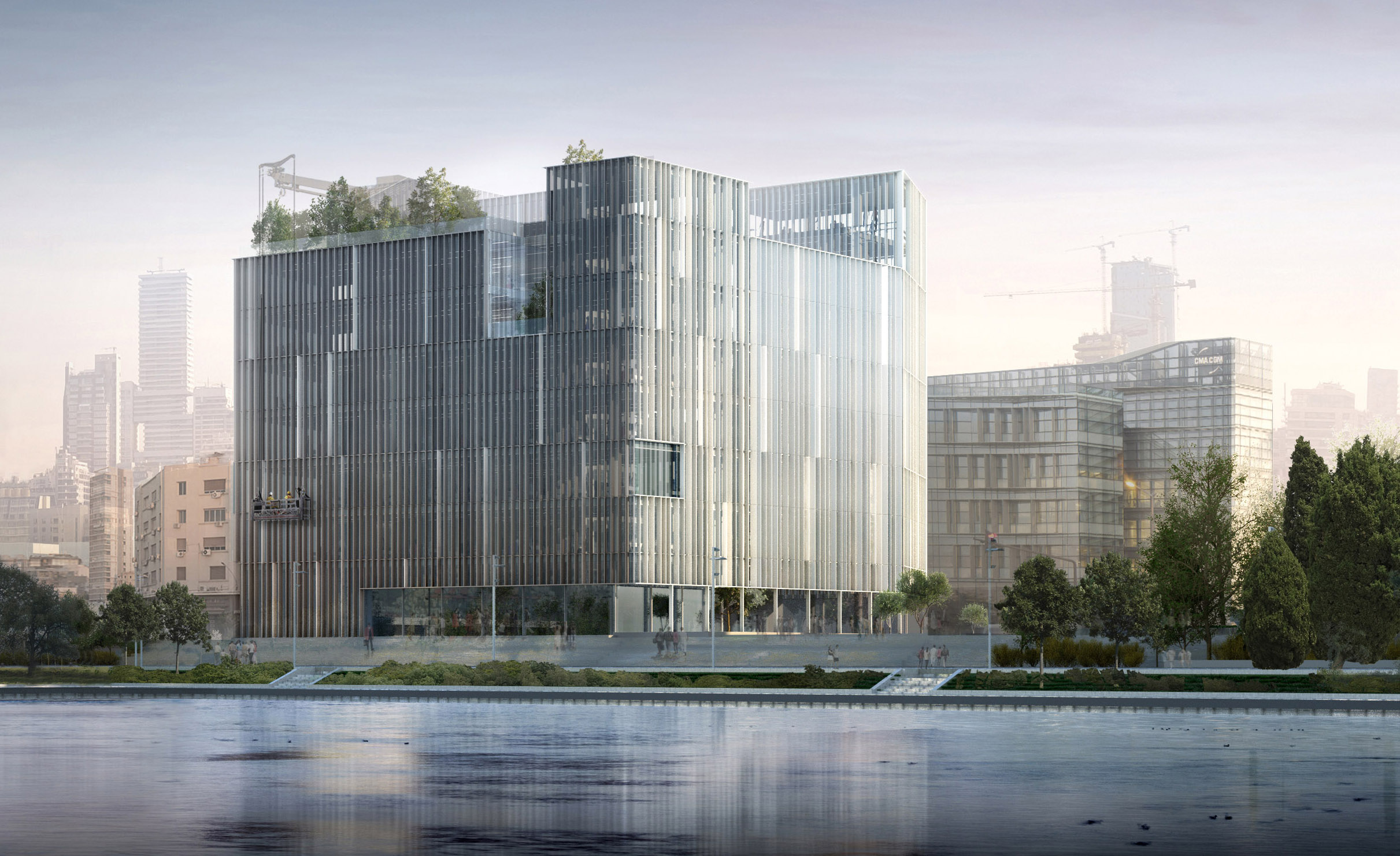 Marfaa 1506 in Beirut, vertically fluted glass office tower with rooftop greenery, seen across the water amid the city skyline