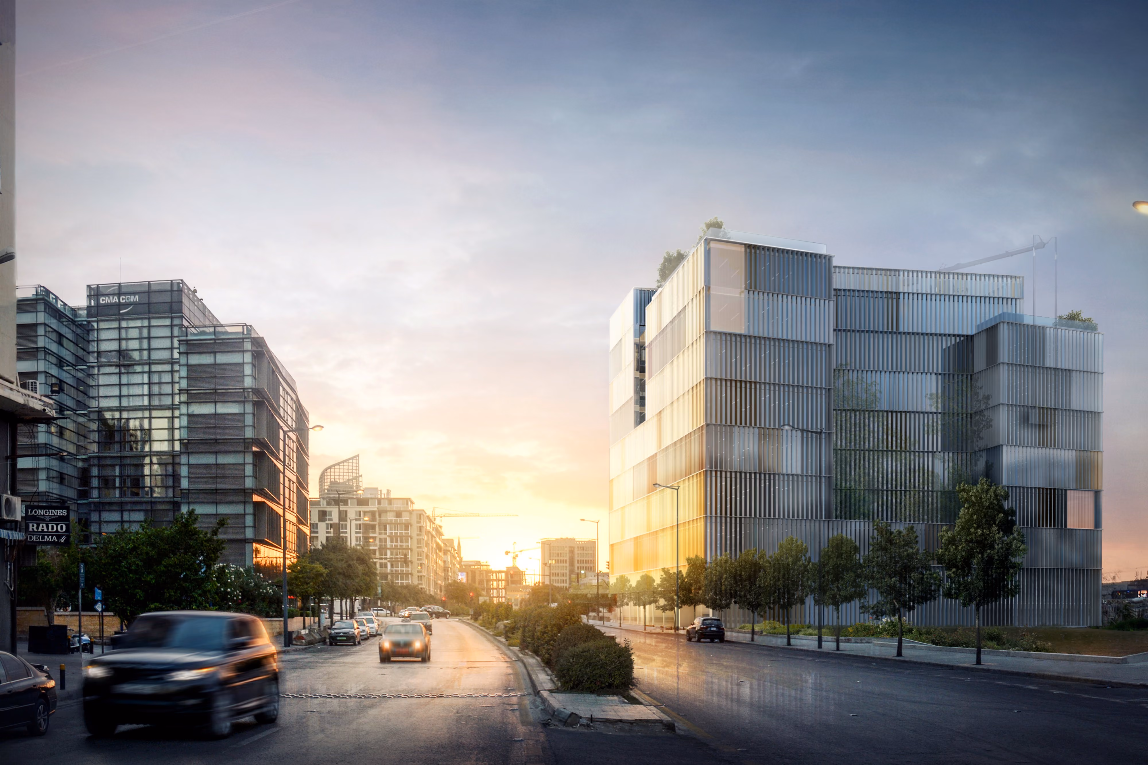 Marfaa 1506, an office and retail building by Nabil Gholam Architects with a vertical louvred facade, at dusk along a busy street on Beirut's waterfront, Lebanon