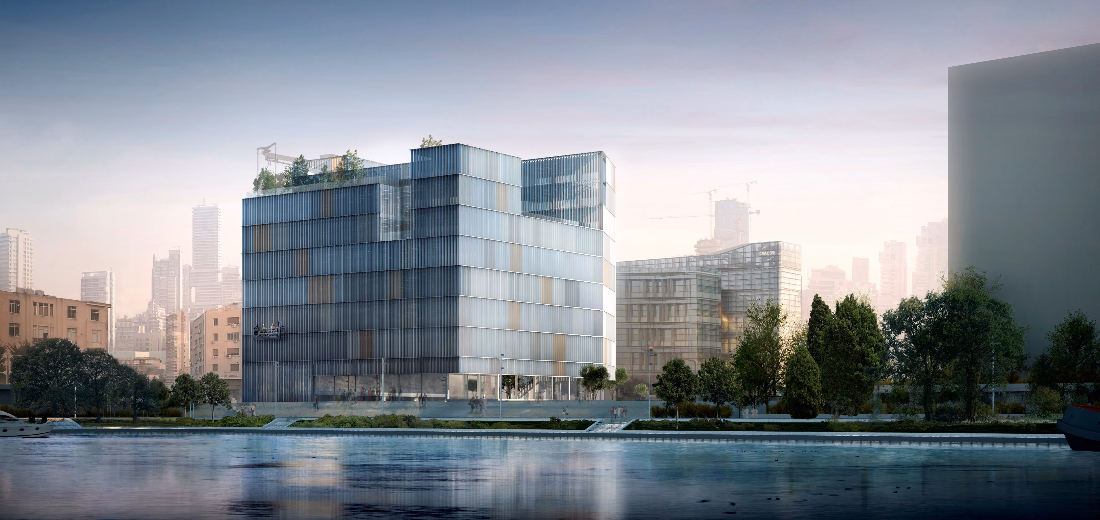 Marfaa 1506 in Beirut, a tiered glass office building with a rooftop garden, seen across a waterfront promenade with the city skyline behind