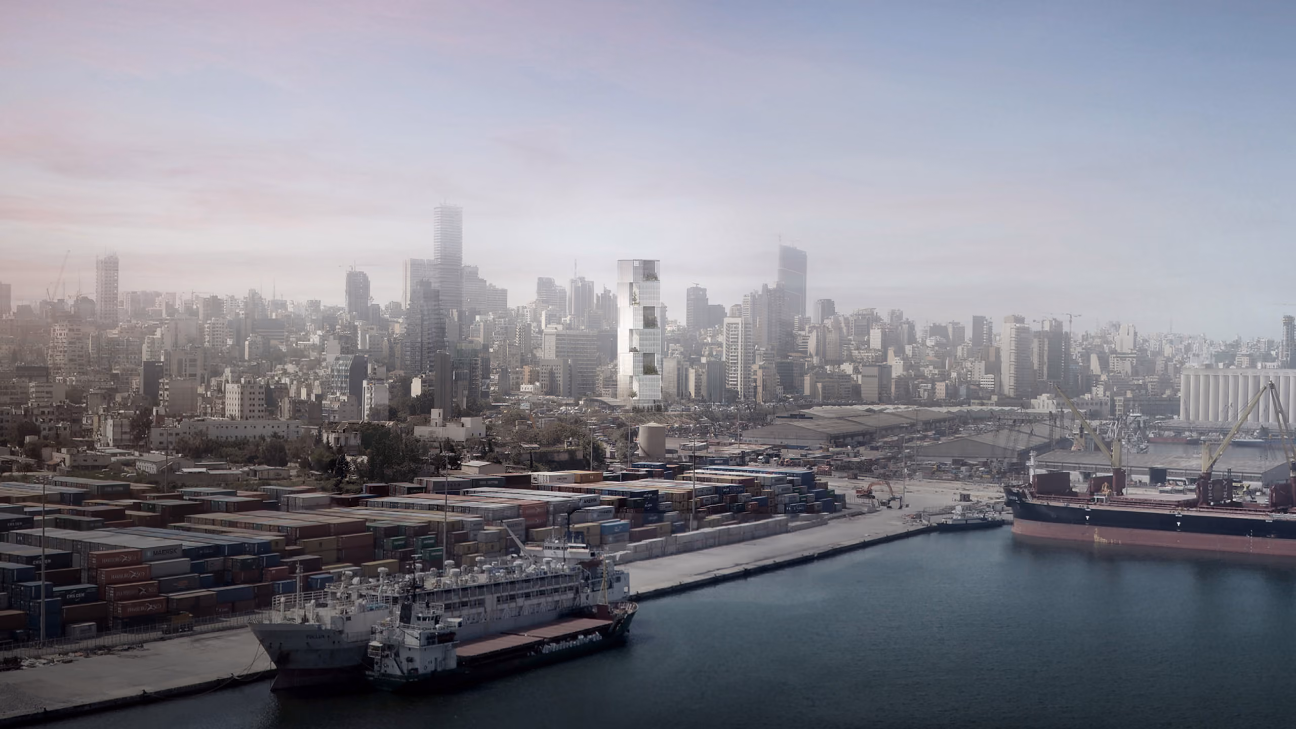 Bank Headquarters tower rising above Beirut's port and container terminal, its stacked, staggered form standing out against the dense city skyline