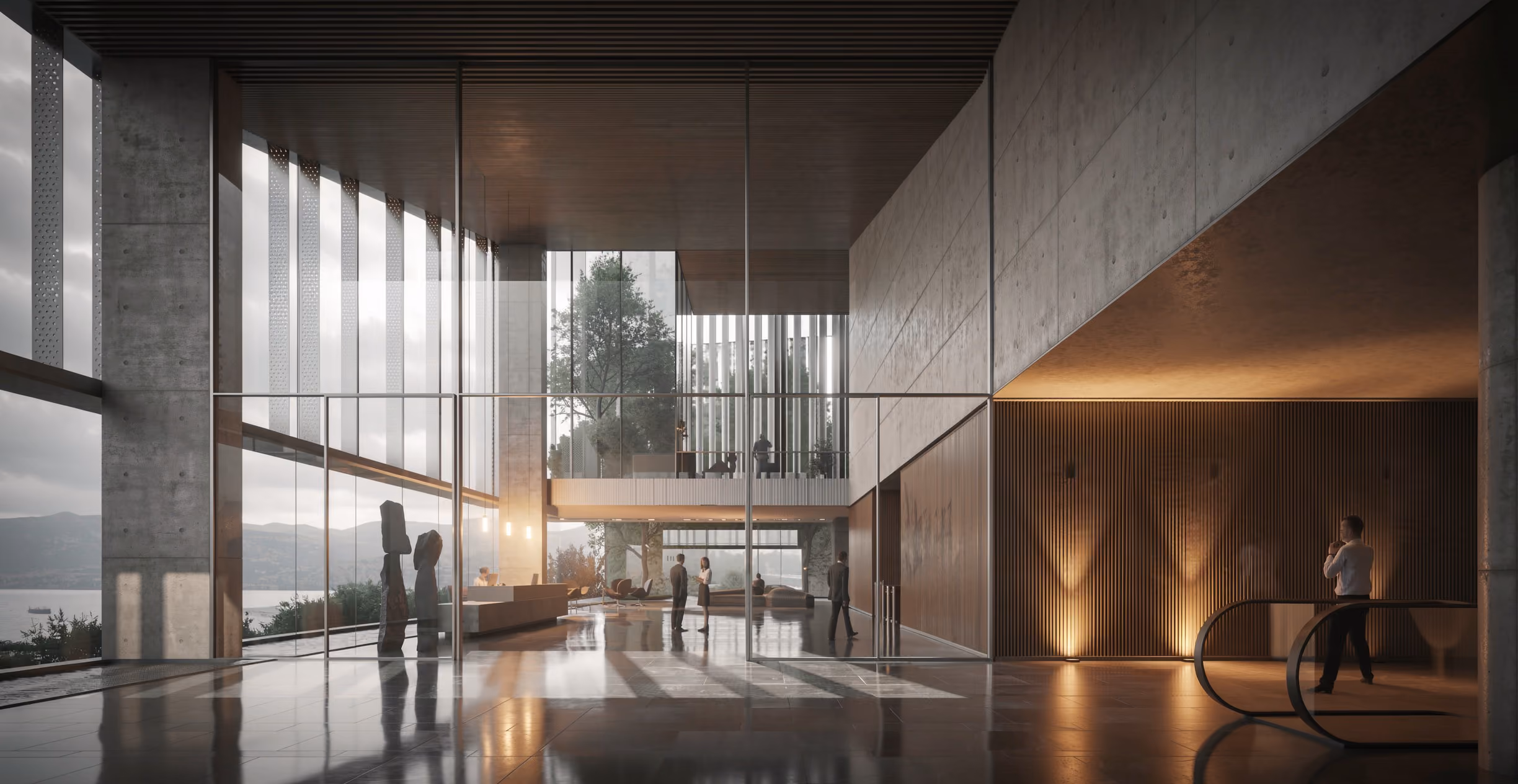 Double-height lobby of the Bank Headquarters in Beirut, concrete and timber-slat walls with glazed atrium, sculptures, and lake views beyond