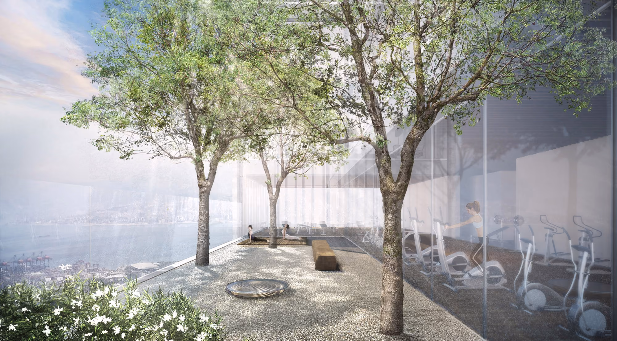 Rooftop terrace of the Bank Headquarters in Beirut, trees and gravel paths beside a glazed gym with exercise equipment overlooking the harbour