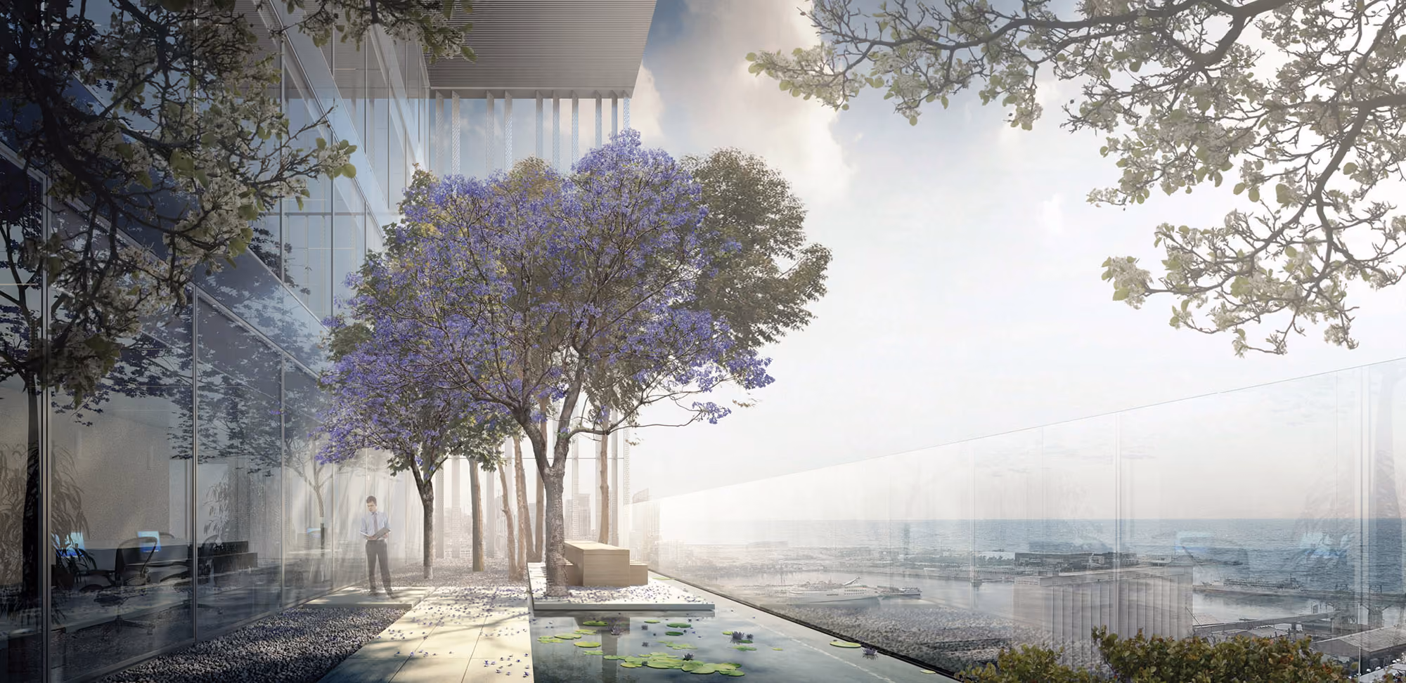 Rooftop terrace of the Bank Headquarters in Beirut, a jacaranda tree and lily pond beside glass walls overlooking the port and sea