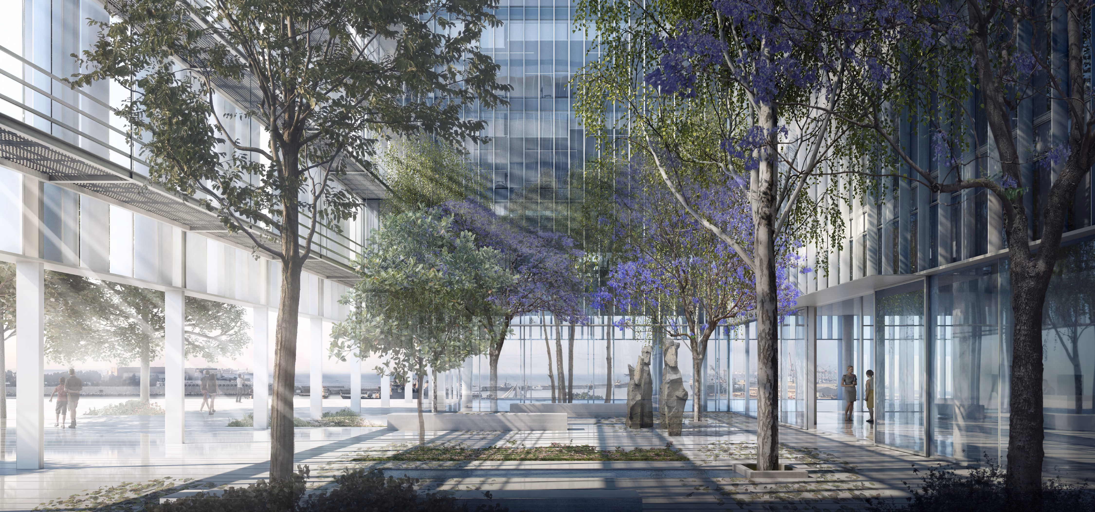 Landscaped courtyard at Marfaa 1506 in Beirut, jacaranda trees and sculptures between glass facades with sea views beyond