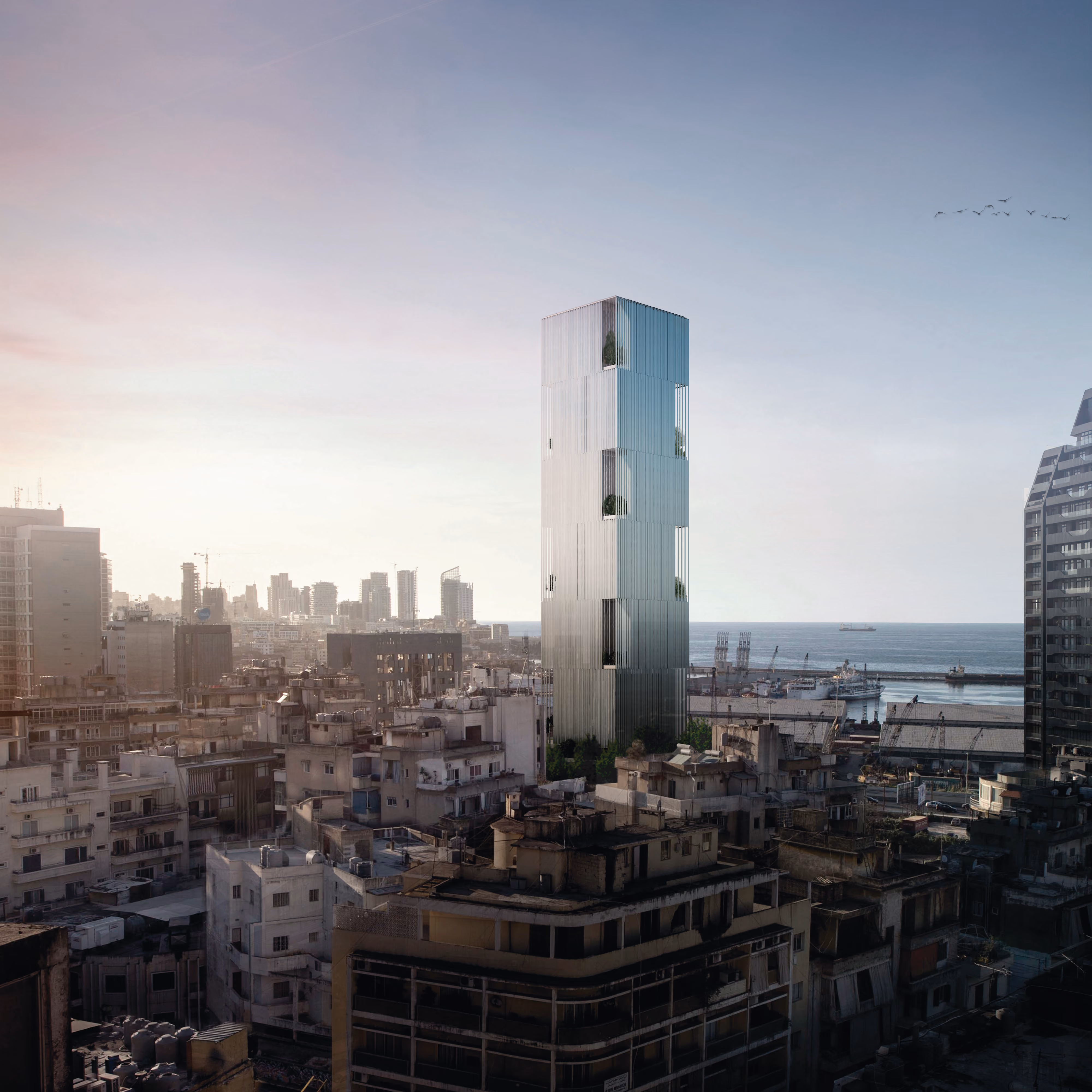 Slender glass tower of the Bank Headquarters in Beirut, rising above dense low-rise rooftops with the port and sea visible behind