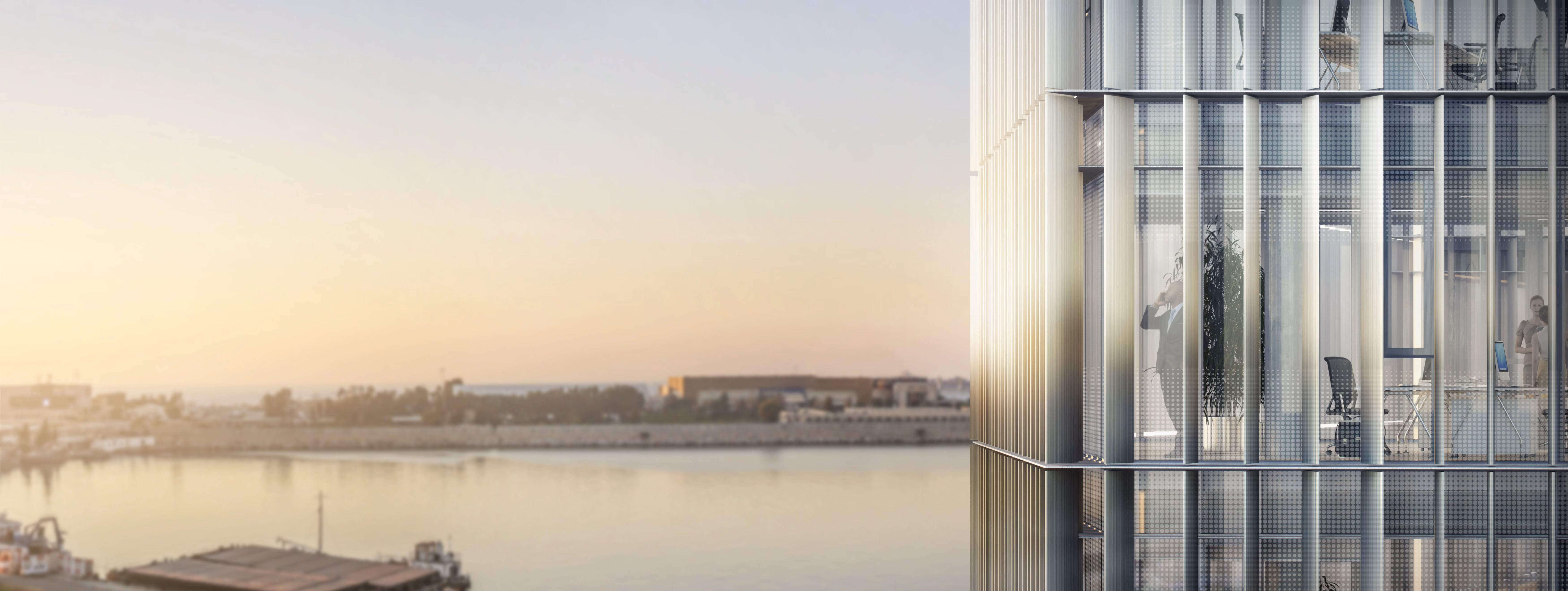 Vertical louvred glass facade of Marfaa 1506 in Beirut, with office interiors visible beside a panoramic view of the waterfront at dusk