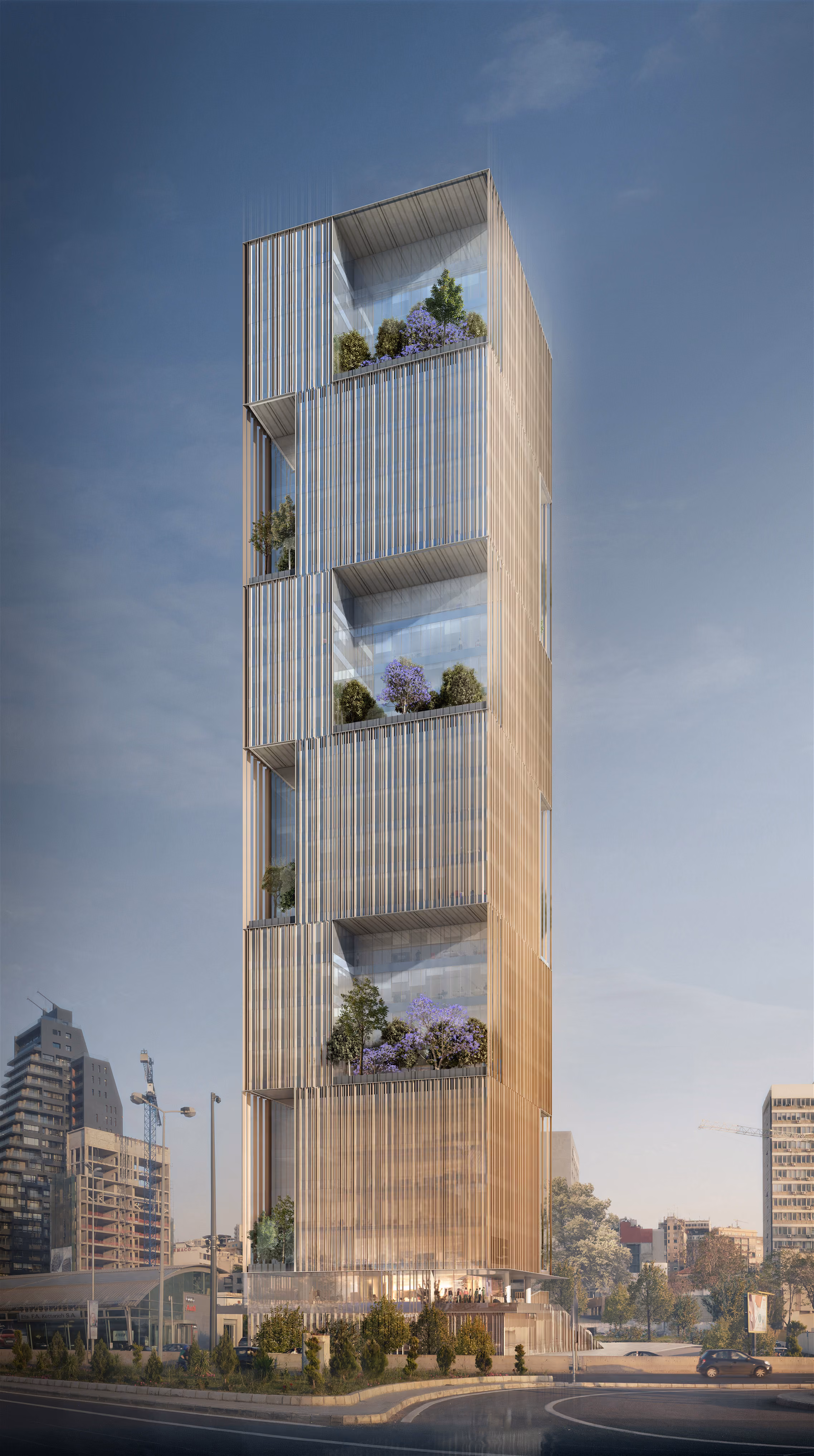 Bank Headquarters tower in Beirut, vertical louvered facade with recessed sky gardens of trees and jacaranda blooms stacked between glazed office floors