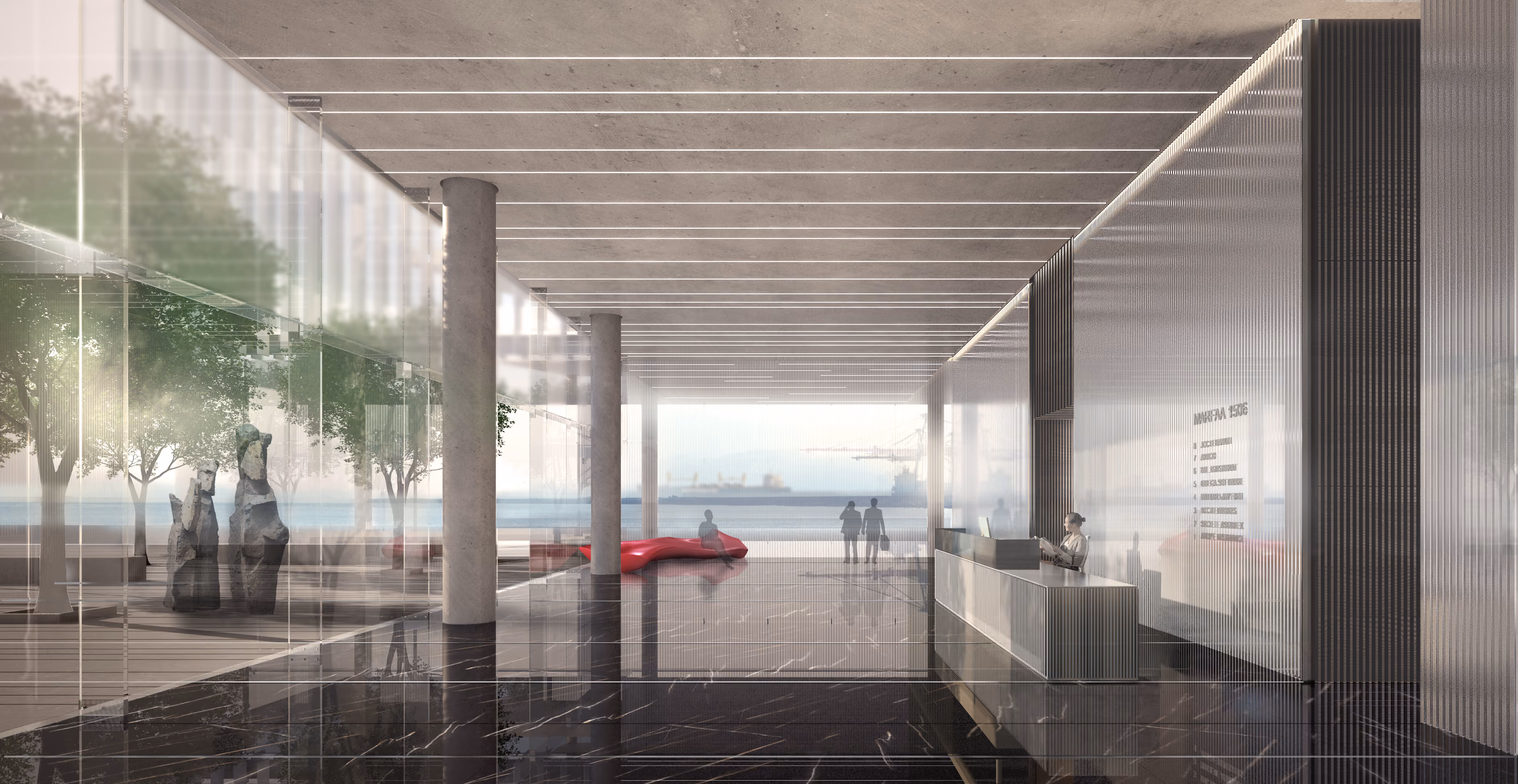 Ground floor lobby of Marfaa 1506 in Beirut, columned reception hall with polished dark flooring opening onto a waterfront plaza and sea view