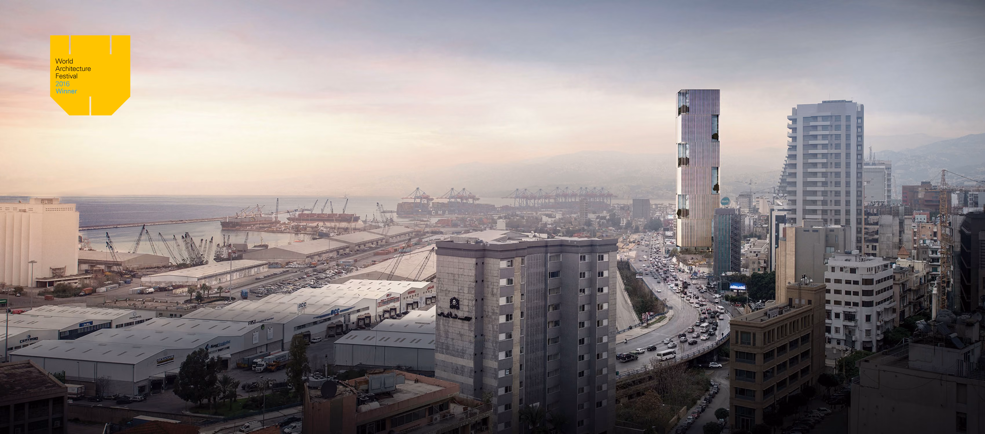 Bank Headquarters tower rising above Beirut's port and cityscape at dusk, marked as a World Architecture Festival 2016 Winner