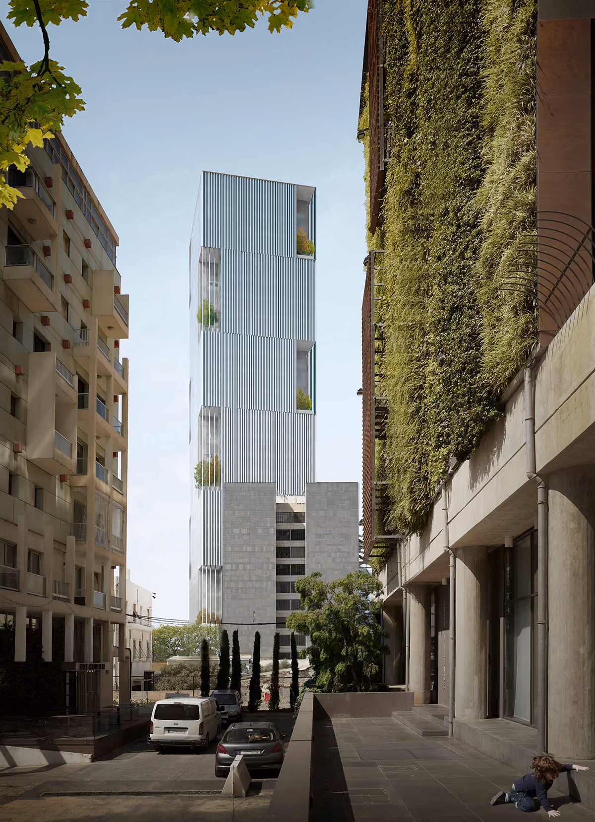Street-level view of the Bank Headquarters tower in Beirut, its slender louvered facade with recessed planted balconies rising above a stone-clad podium