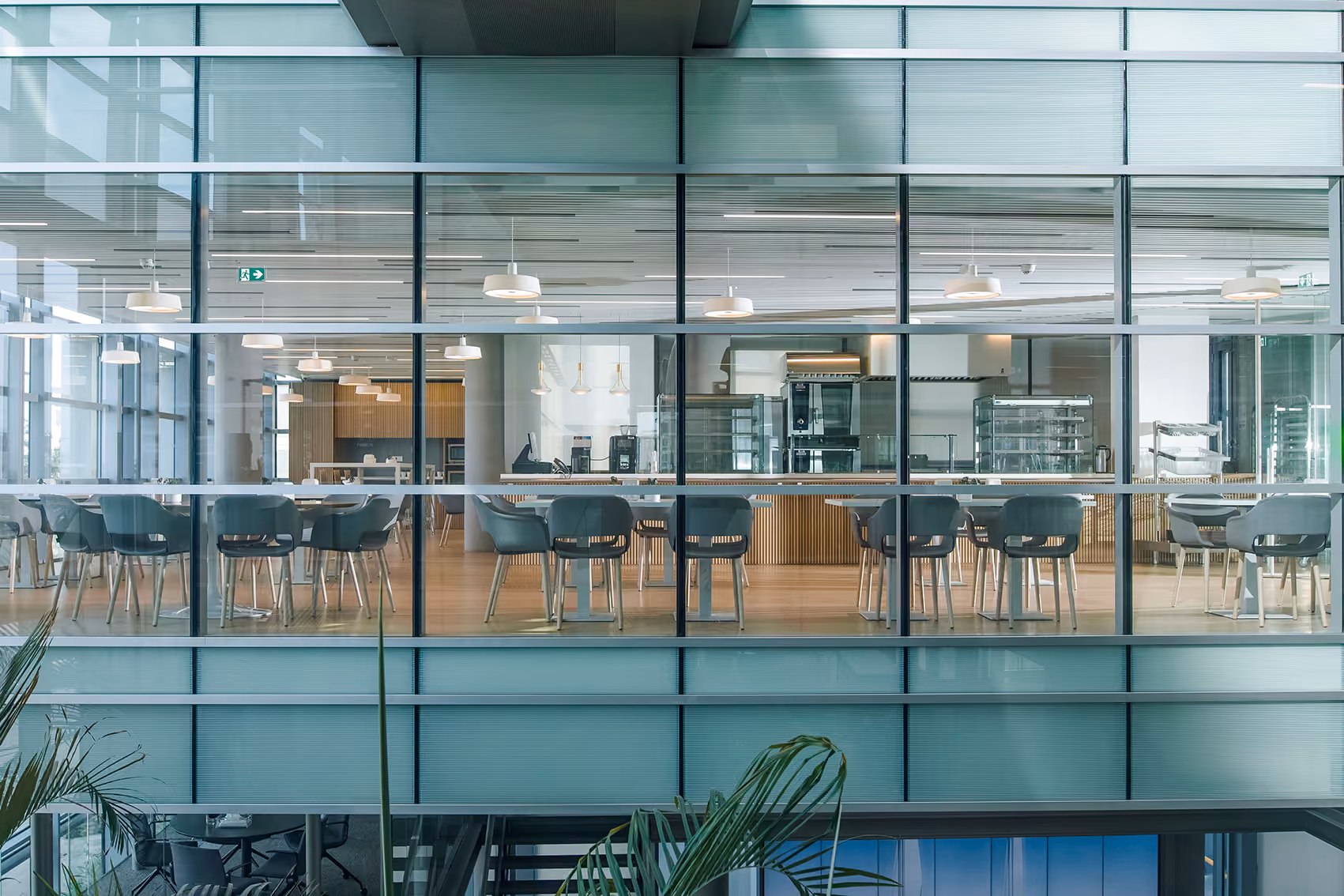 Glass-walled staff cafeteria at CMA-CGM Headquarters in Beirut, seen through a mullioned facade with grey chairs, wood accents and pendant lights