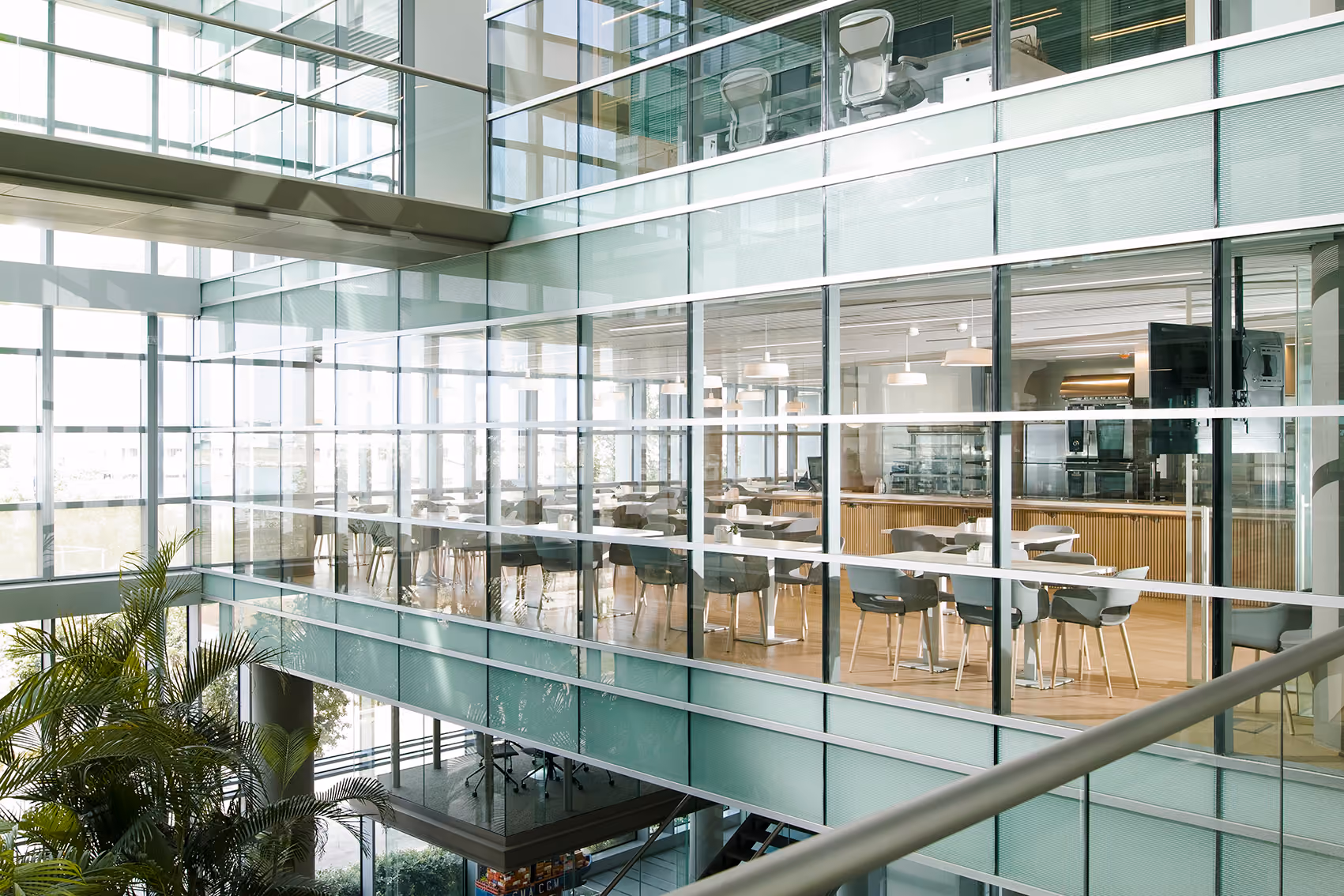 Glazed atrium view of the CMA-CGM Headquarters in Beirut, overlooking a staff cafeteria with dining tables and an open kitchen counter beyond the curtain wall
