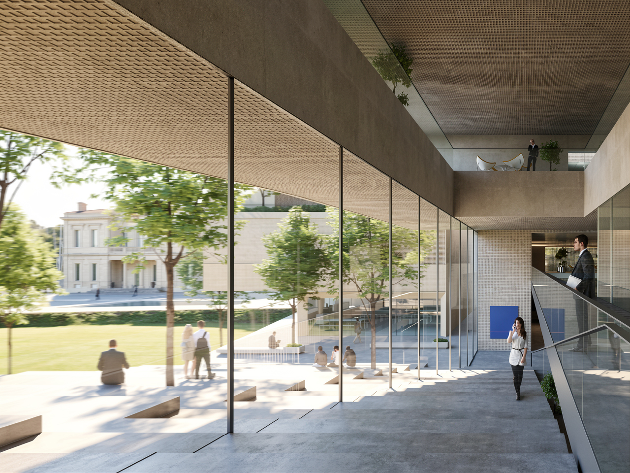 Glazed corridor of the Corporate Academy in Marseille overlooking a landscaped courtyard with trees, seating, and a historic building beyond