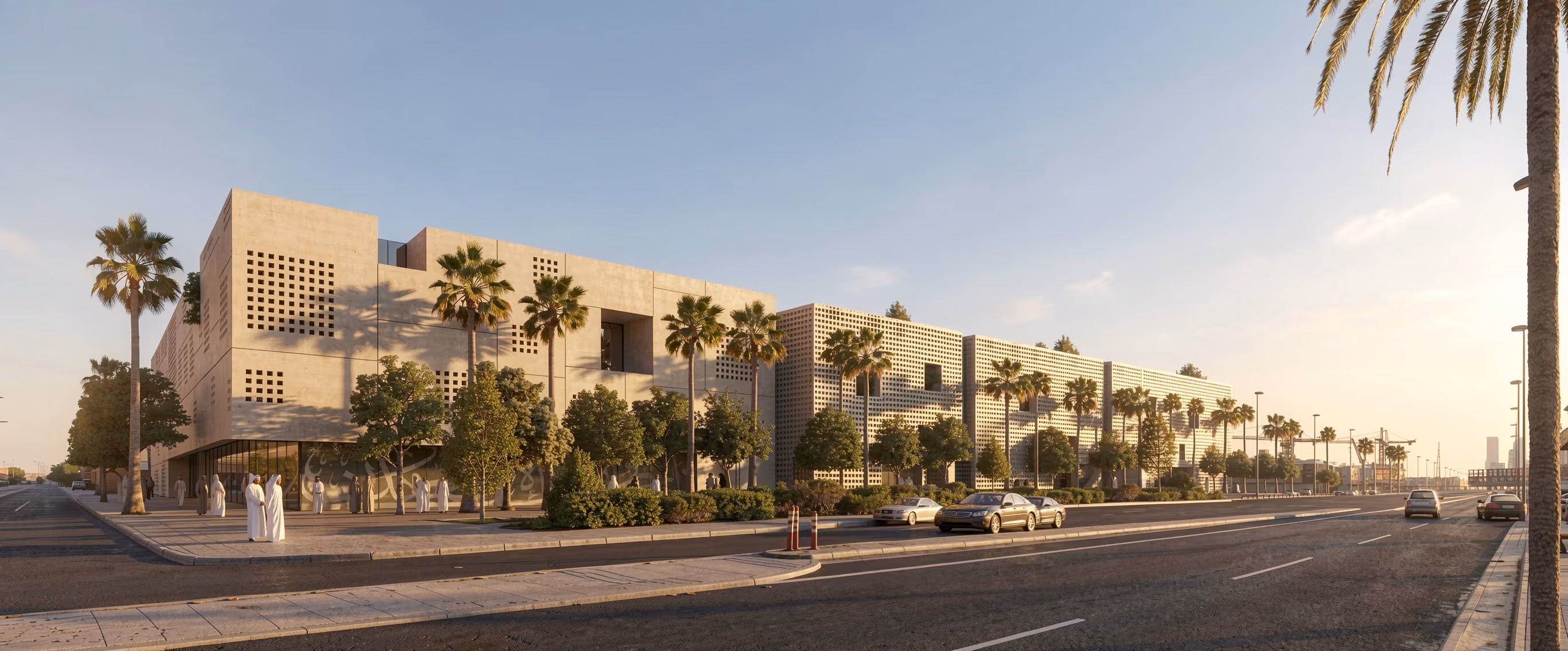 Art Oasis, a mixed-use cultural complex by Nabil Gholam Architects in Riyadh, Saudi Arabia, with perforated stone facades set among palm trees along a wide boulevard
