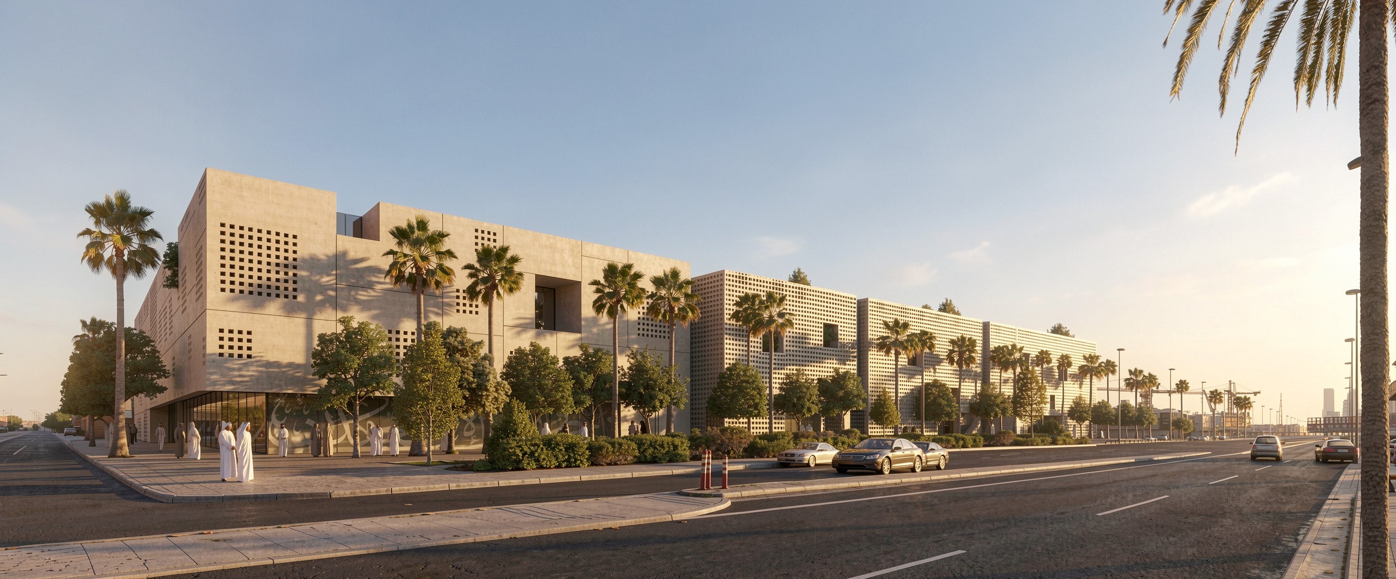 Art Oasis, a mixed-use cultural complex by Nabil Gholam Architects in Riyadh, Saudi Arabia, with perforated stone facades set among palm trees along a wide boulevard