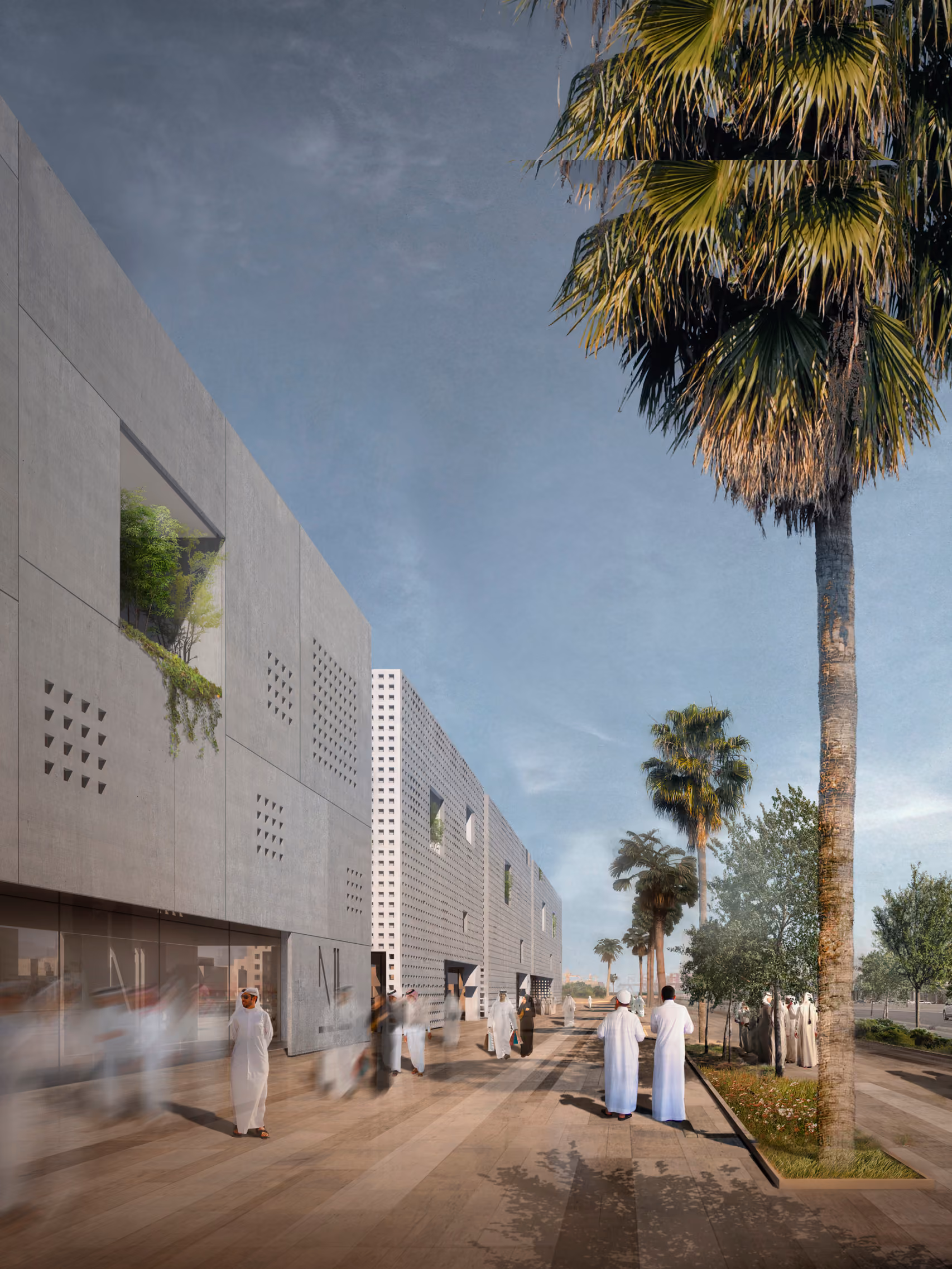 Perforated concrete facade of Art Oasis in Riyadh, palm-lined pedestrian walkway with pedestrians in traditional dress passing planted wall openings