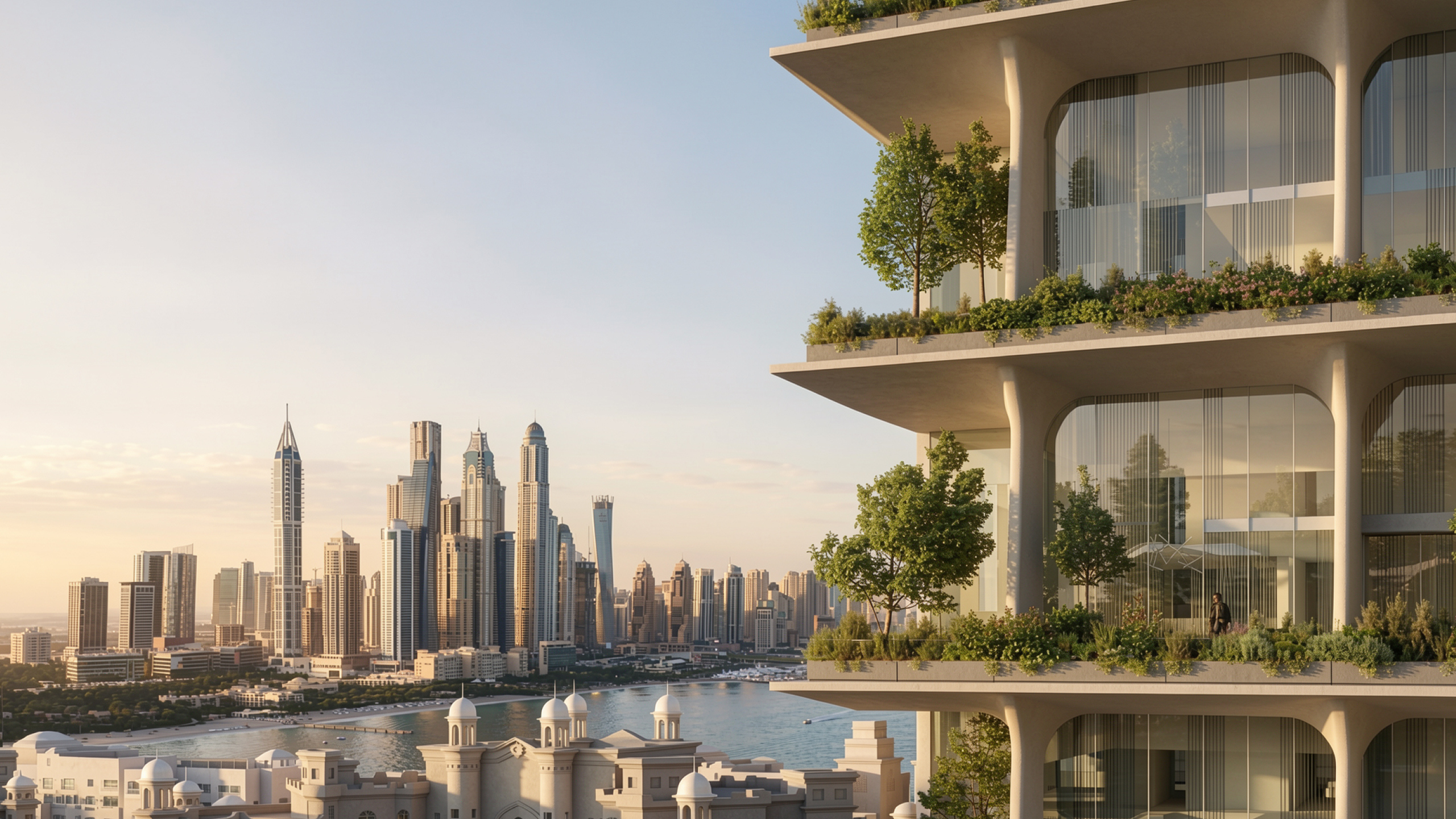 Planted terraces with arched glazing cascade down Skylife in Dubai, overlooking the Palm Jumeirah shoreline and the Marina skyline at dusk