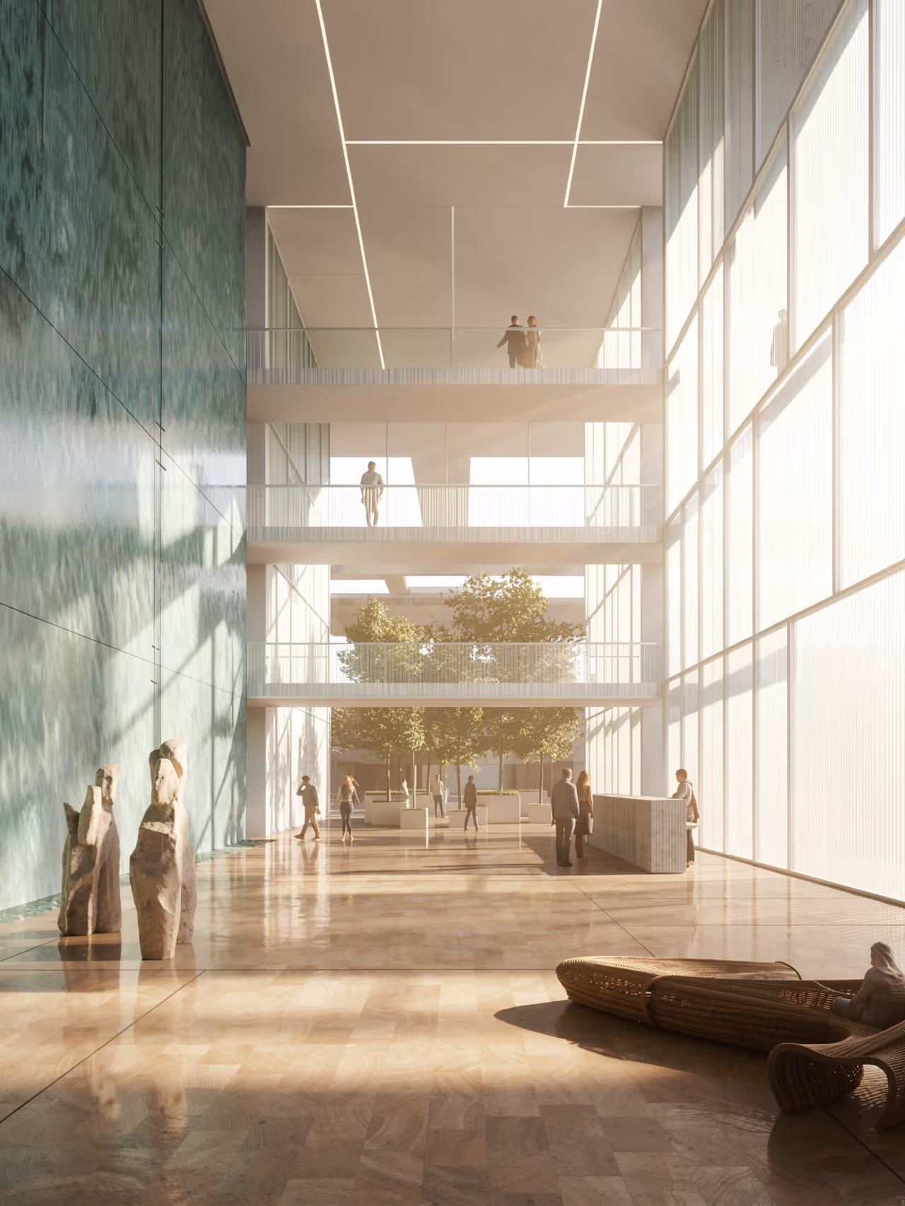 Atrium of Art Oasis in Riyadh, tiered balconies overlooking a central planted courtyard, stone sculptures and marble floor bathed in sunlight