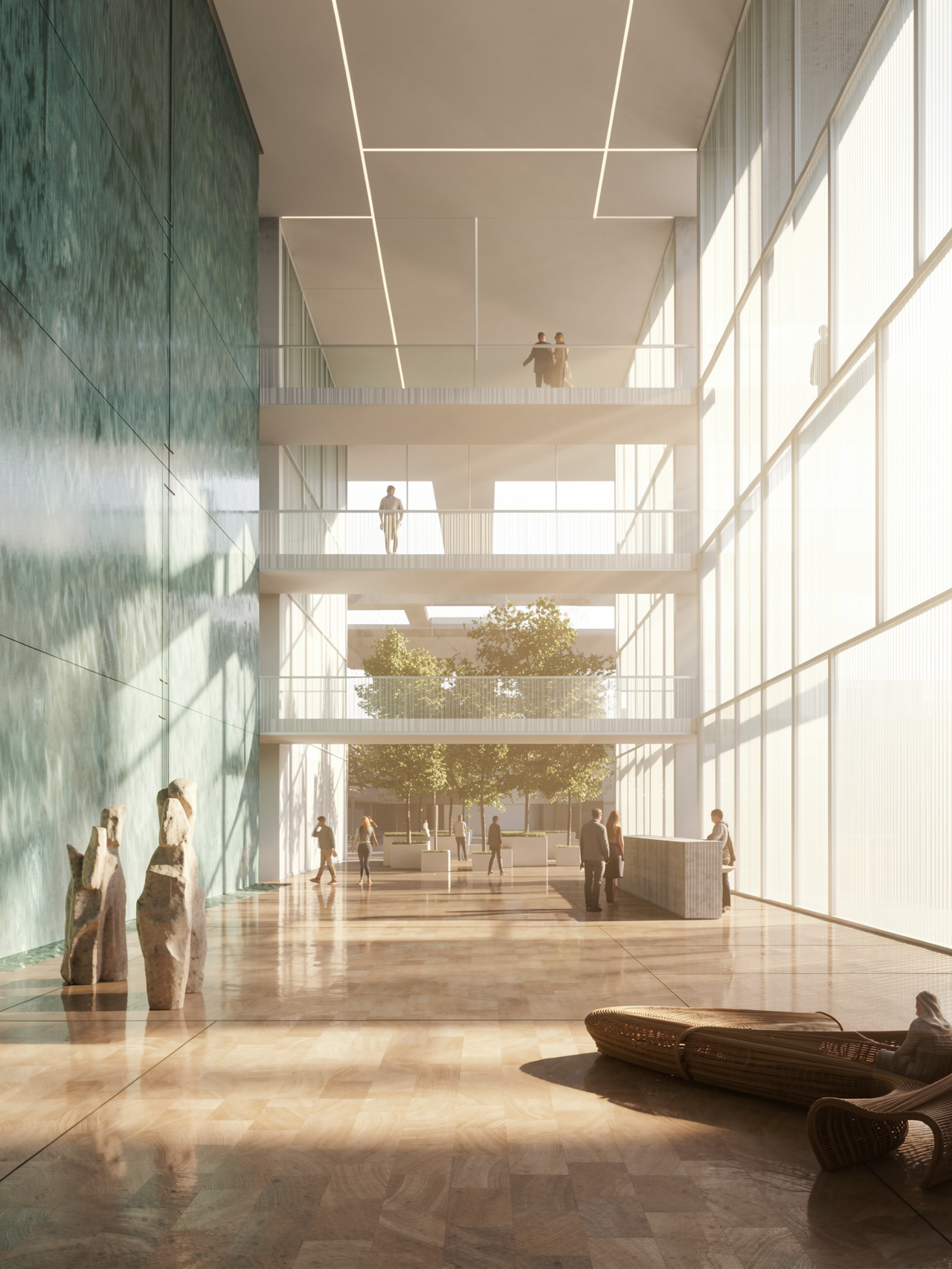 Atrium of Art Oasis in Riyadh, tiered balconies overlooking a central planted courtyard, stone sculptures and marble floor bathed in sunlight