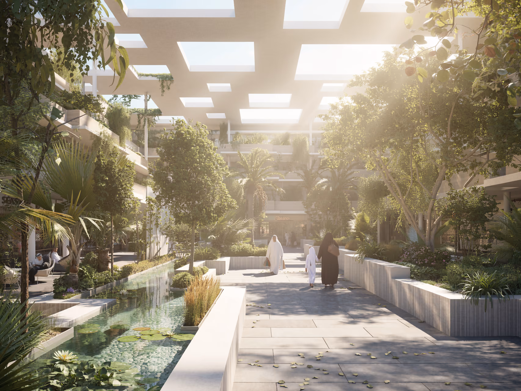 Landscaped courtyard walkway at Art Oasis in Riyadh, lined with lily ponds and dense greenery beneath a perforated sunlit concrete canopy