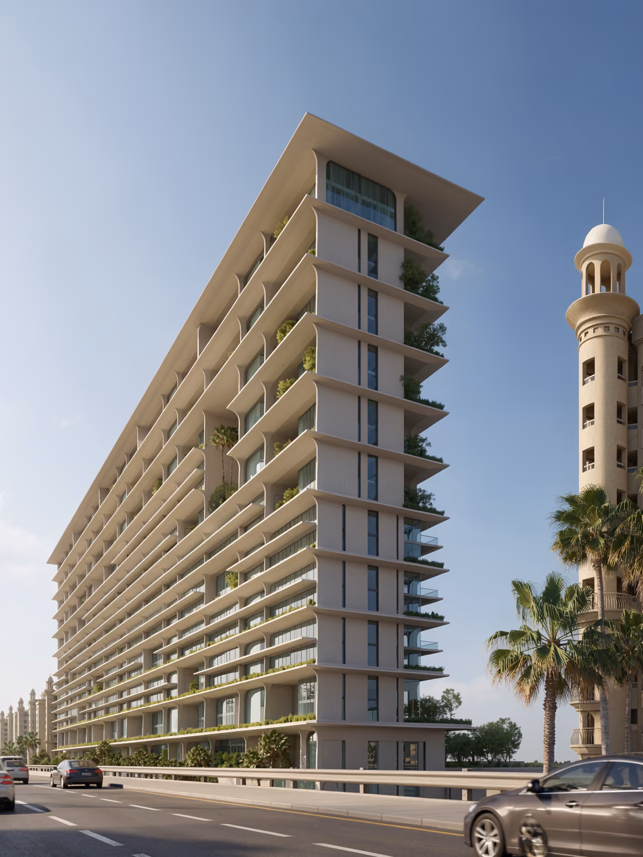 Skylife in Dubai, tapering high-rise with tiered balconies and hanging gardens, seen from the seafront road beside palm trees