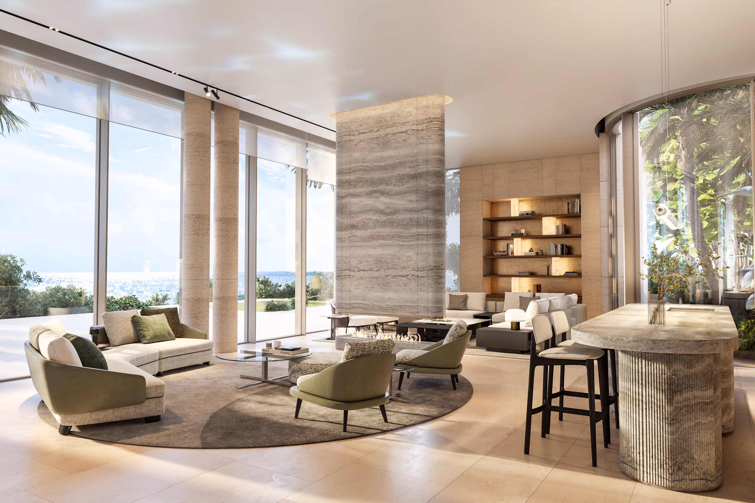 Lounge area in Nautile villa in Dubai, curved stone-clad column, green armchairs and sofas on a round rug, sea views through floor-to-ceiling glazing