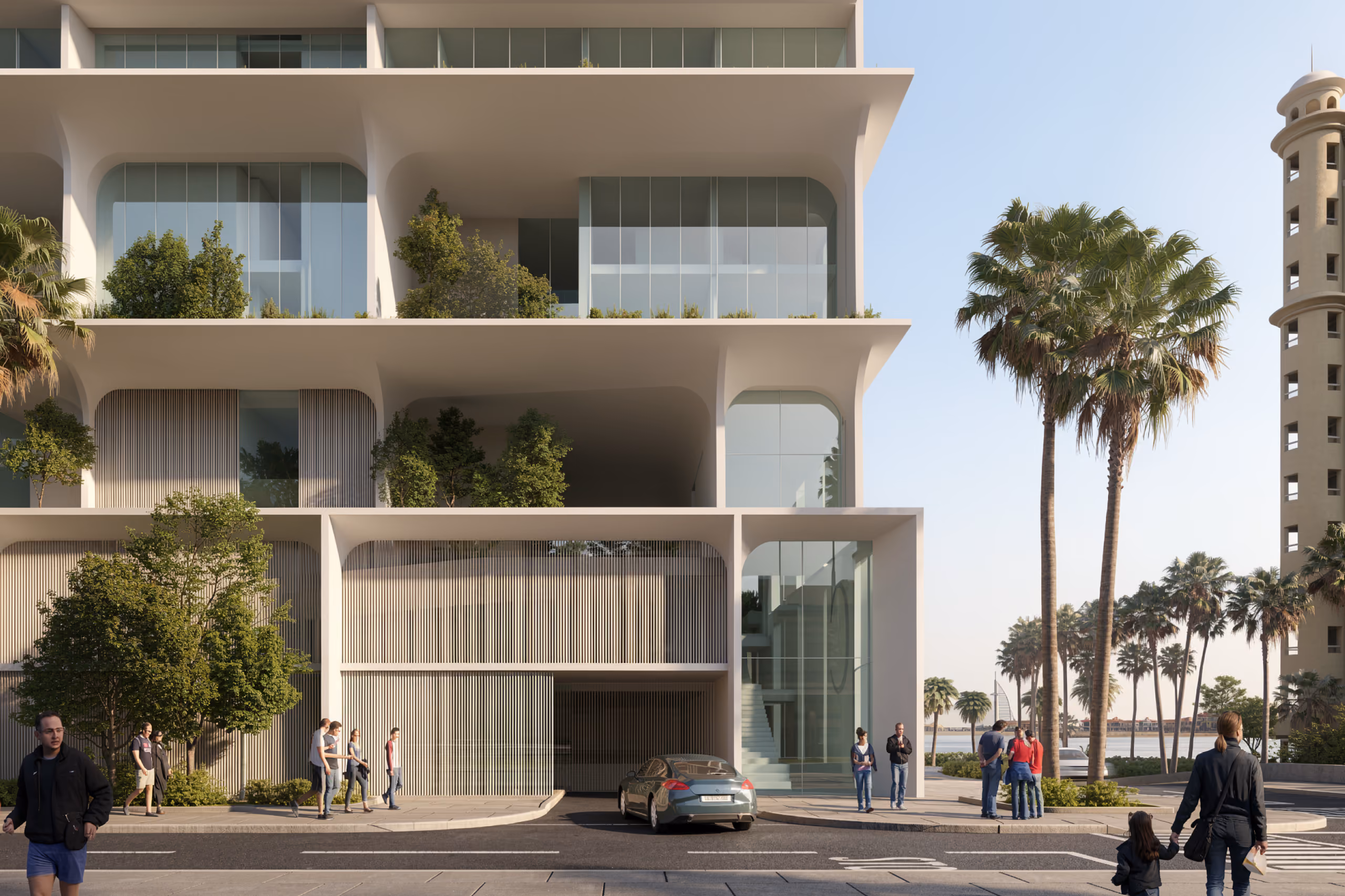 Street-level view of Skylife in Dubai, arched terraces with lush planting and timber louvres, pedestrians and palm trees along the waterfront promenade