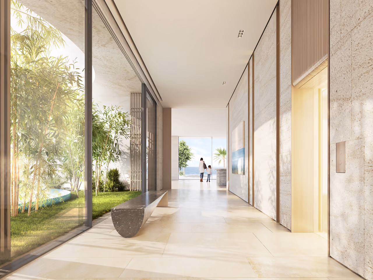 Lobby corridor in Nautile villa, Dubai, stone-clad walls and a marble bench beside a glazed garden courtyard, leading toward sea views