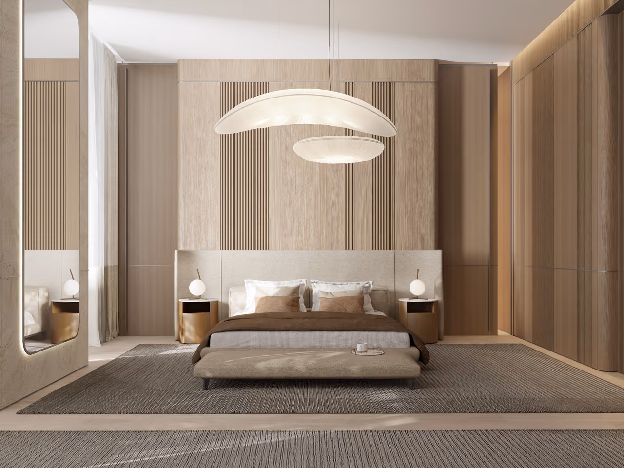 Bedroom in the Nautile villa in Dubai, ribbed wood-panelled headboard wall beneath two organic cocoon-shaped pendant lights above the bed