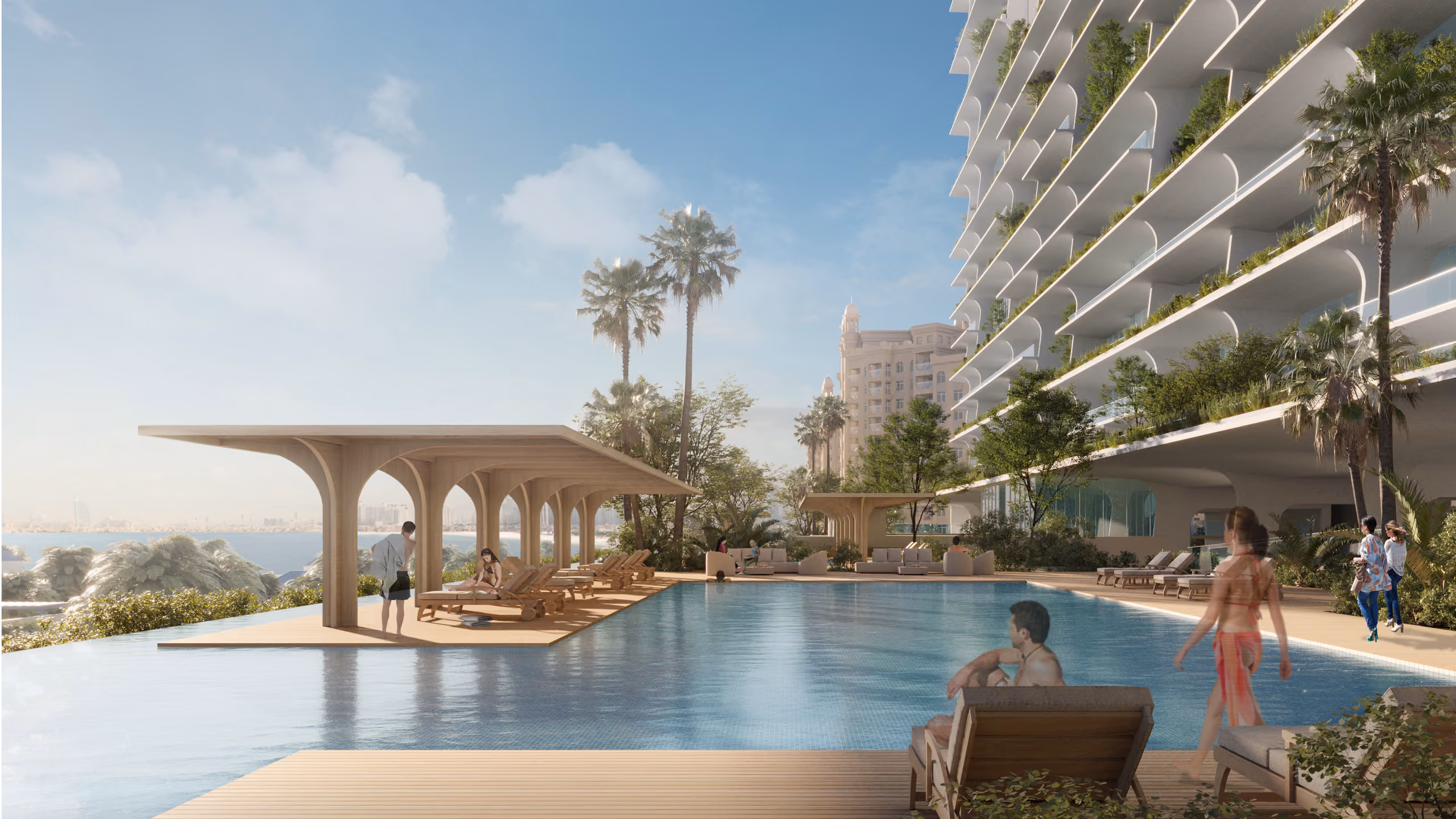 Poolside terrace at Skylife in Dubai, arched wooden pergola and loungers beside an infinity pool with palm trees and the residential tower alongside