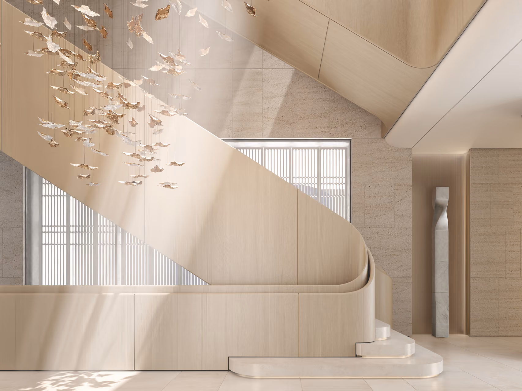 Curved wooden staircase in Nautile villa in Dubai, with a suspended gold and white leaf-form chandelier and a slatted window casting linear light patterns