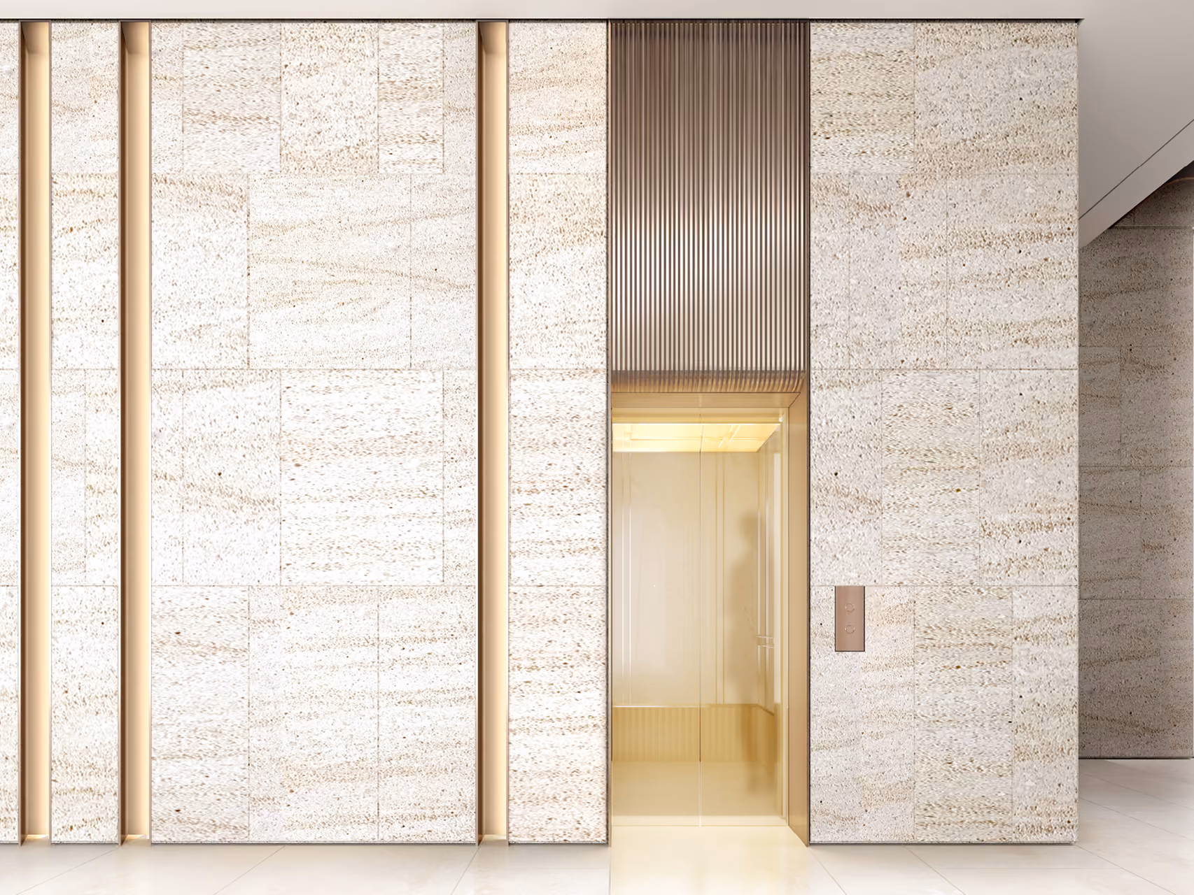 Elevator lobby in Nautile villa, Dubai, travertine-clad walls with bronze vertical fins framing a golden-toned elevator interior