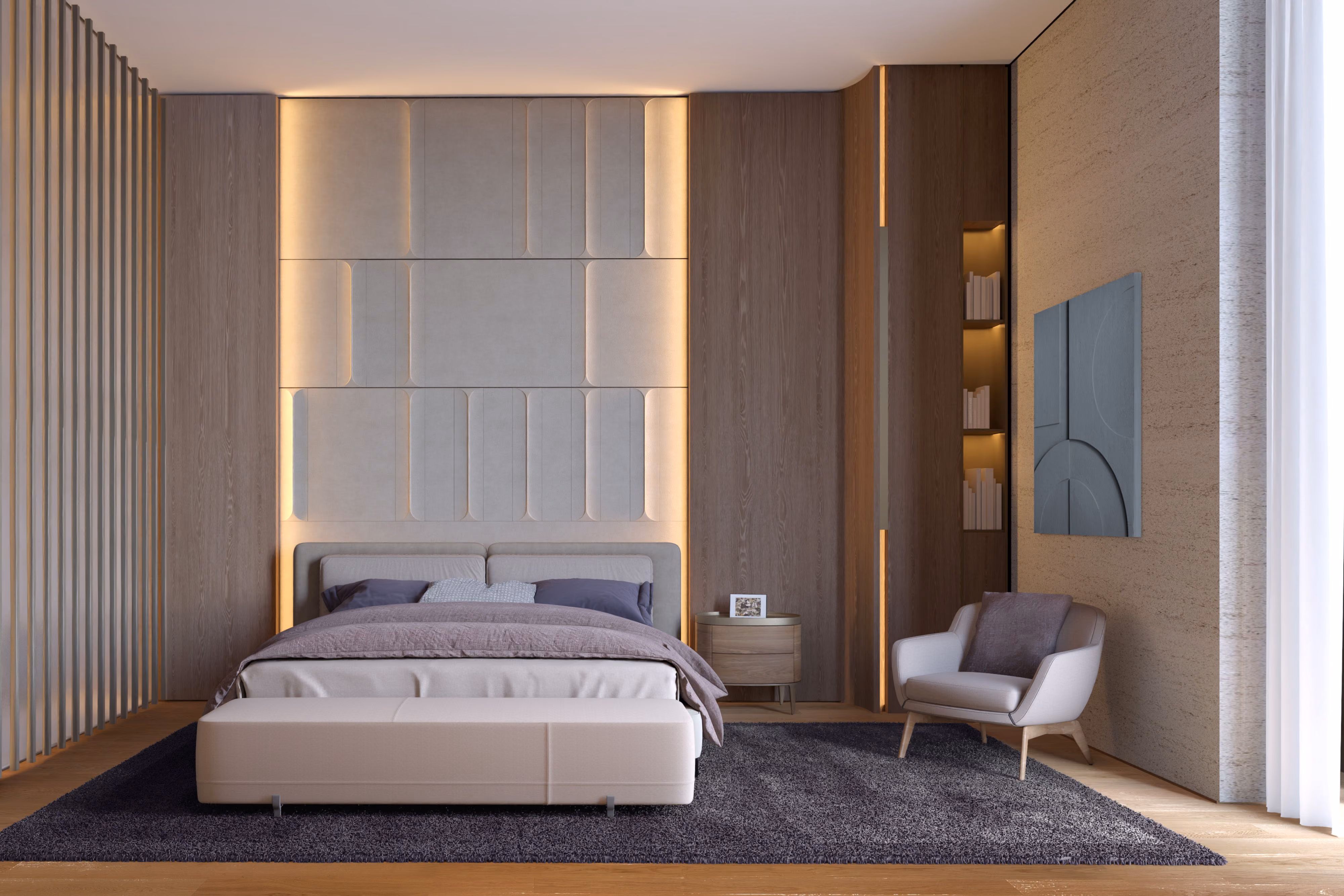 Bedroom in the Nautile villa interior in Dubai, upholstered headboard panelling with warm backlighting, wood-slat wall, armchair and dark rug on timber flooring