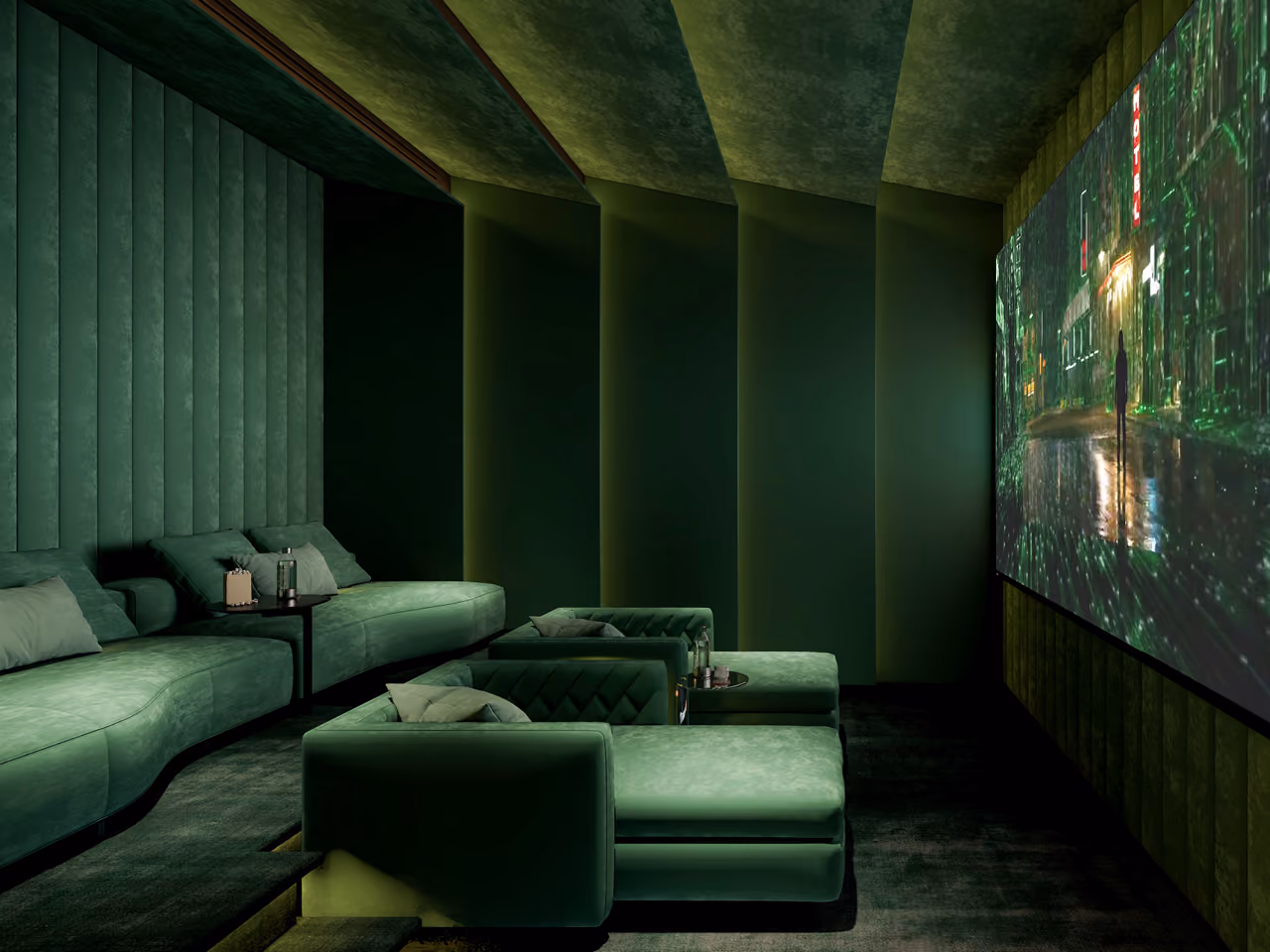 Home cinema in the Geode villa, Dubai, with tufted emerald velvet sofas and channelled wall panels facing a large screen