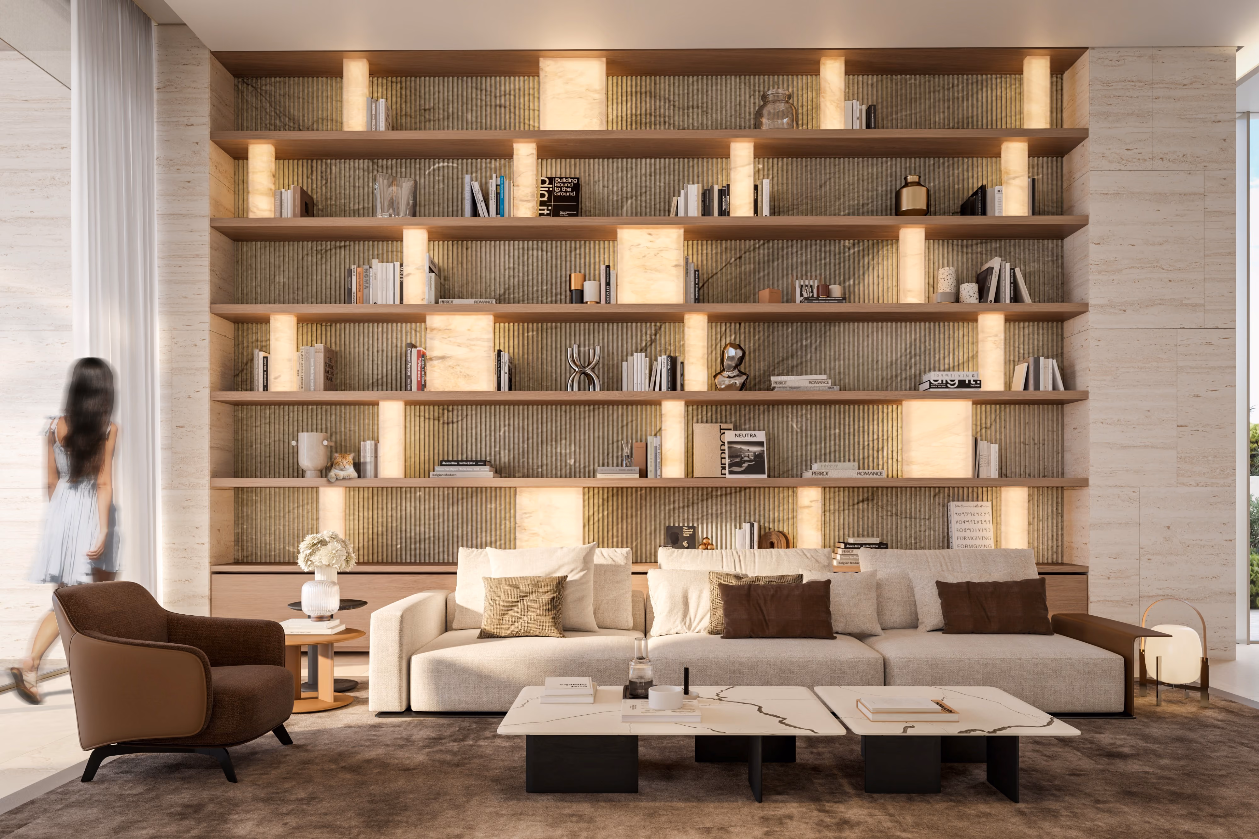 Geode villa interior in Dubai by Nabil Gholam Architects, backlit onyx library wall with wooden shelving above a beige sofa and leather armchair