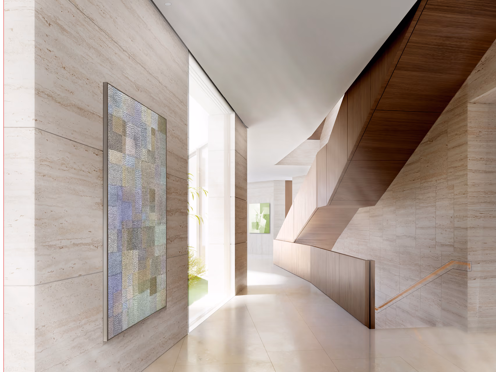 Curved wood-clad staircase and travertine hallway in Geode villa, Dubai, with a mosaic artwork lit by a tall window